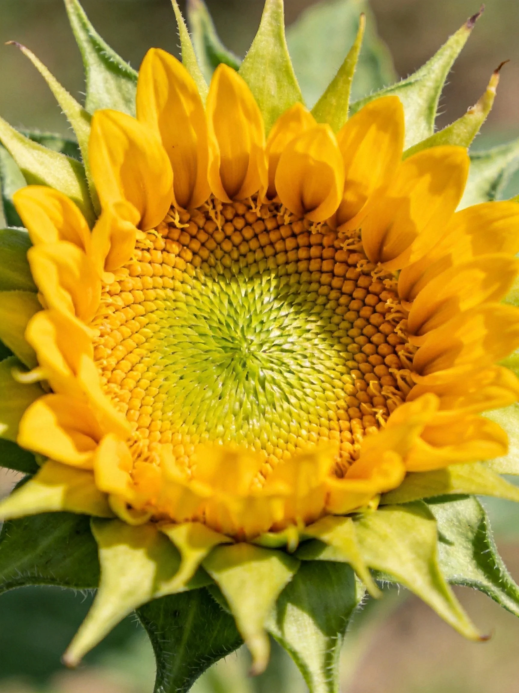 A vibrant sunflower with golden petals and green central disk