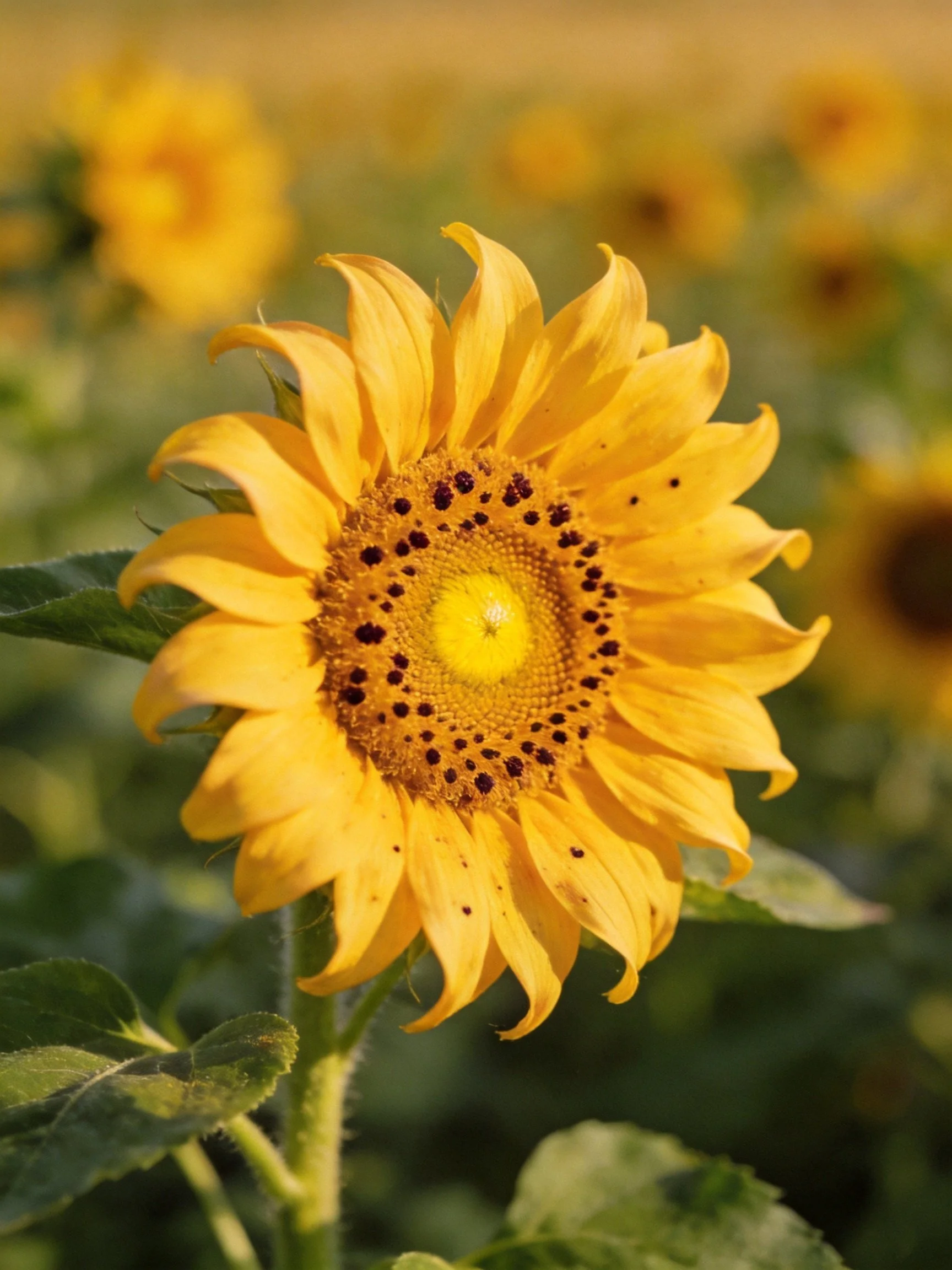 A vibrant sunflower with golden petals and green foliage in a sunlit field