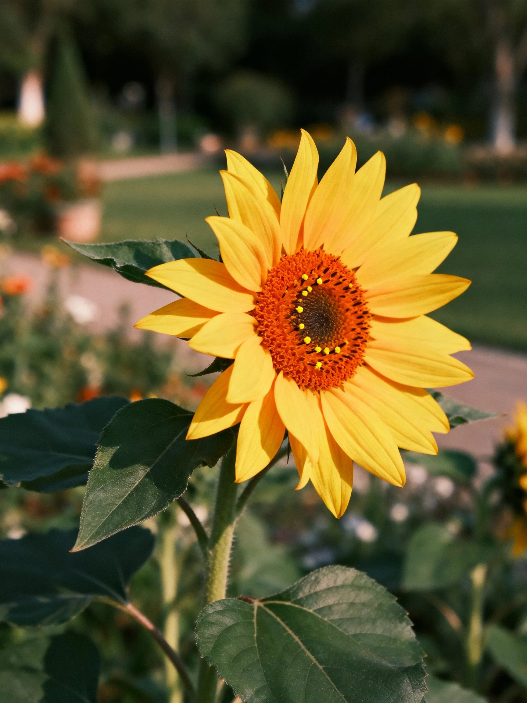 A vibrant sunflower with golden petals and green leaves
