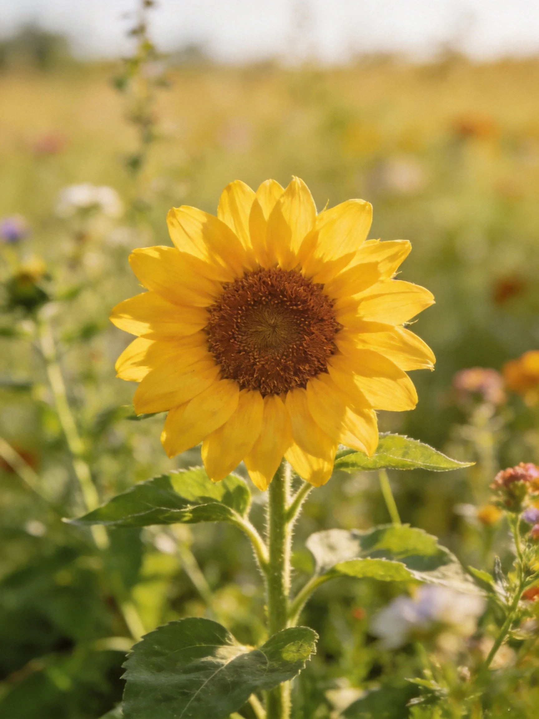 A vibrant sunflower with golden petals stands in a sunlit meadow