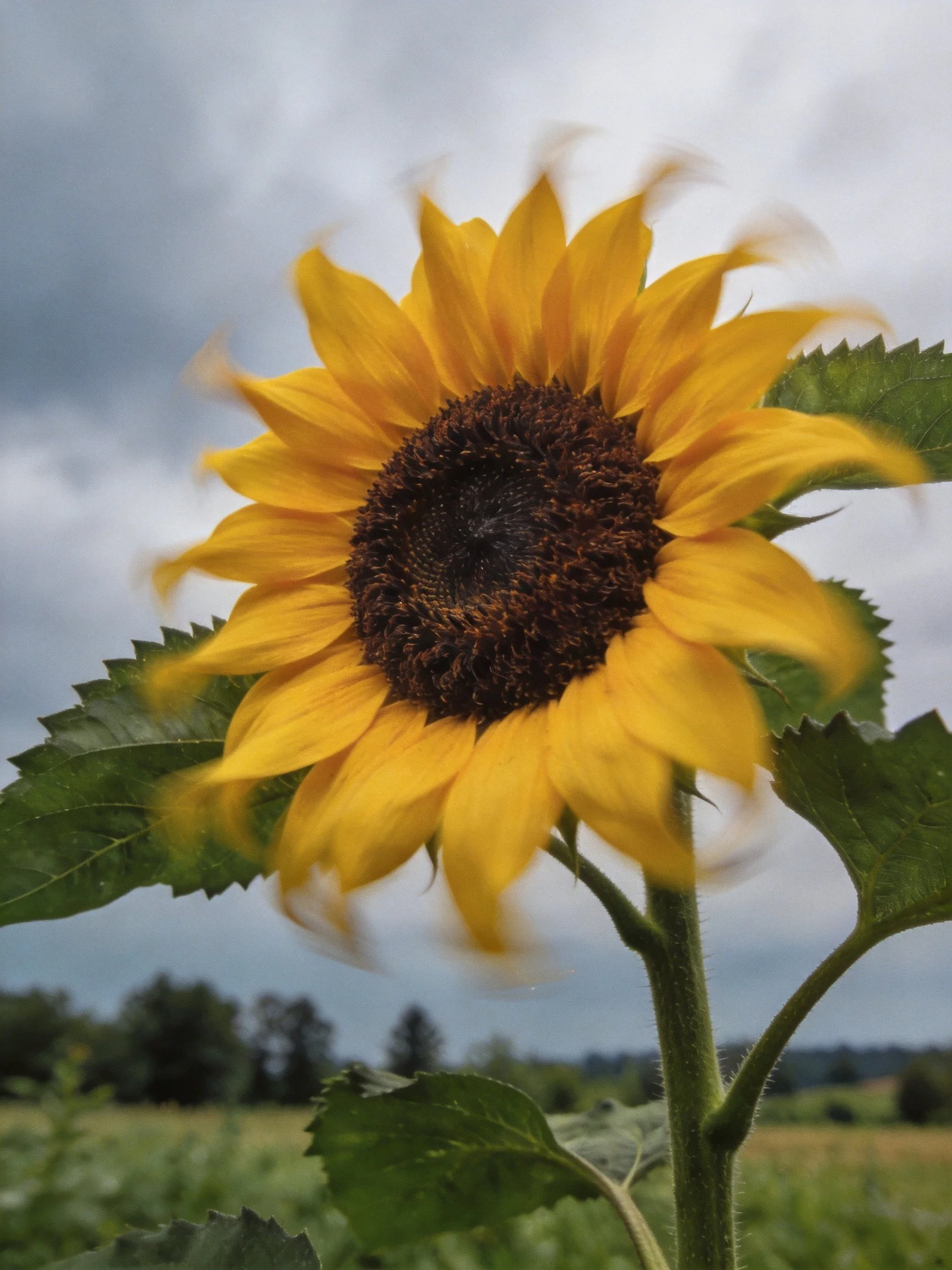 A vibrant sunflower with golden petals swaying under cloudy skies