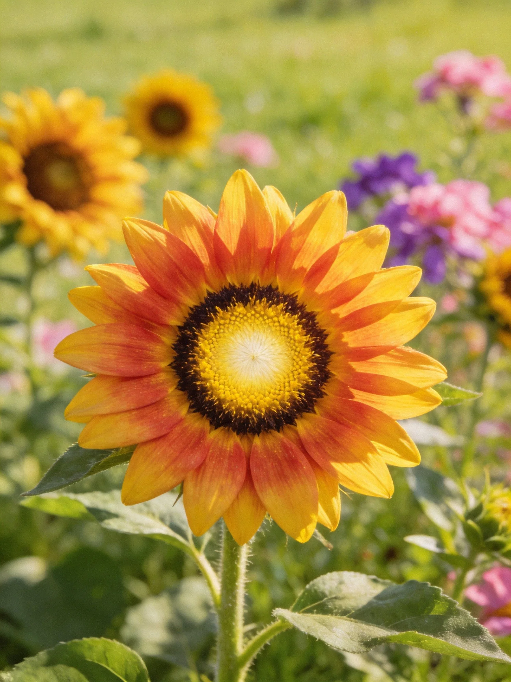 A vibrant sunflower with orange - yellow petals among colorful blooms in a sunlit meadow