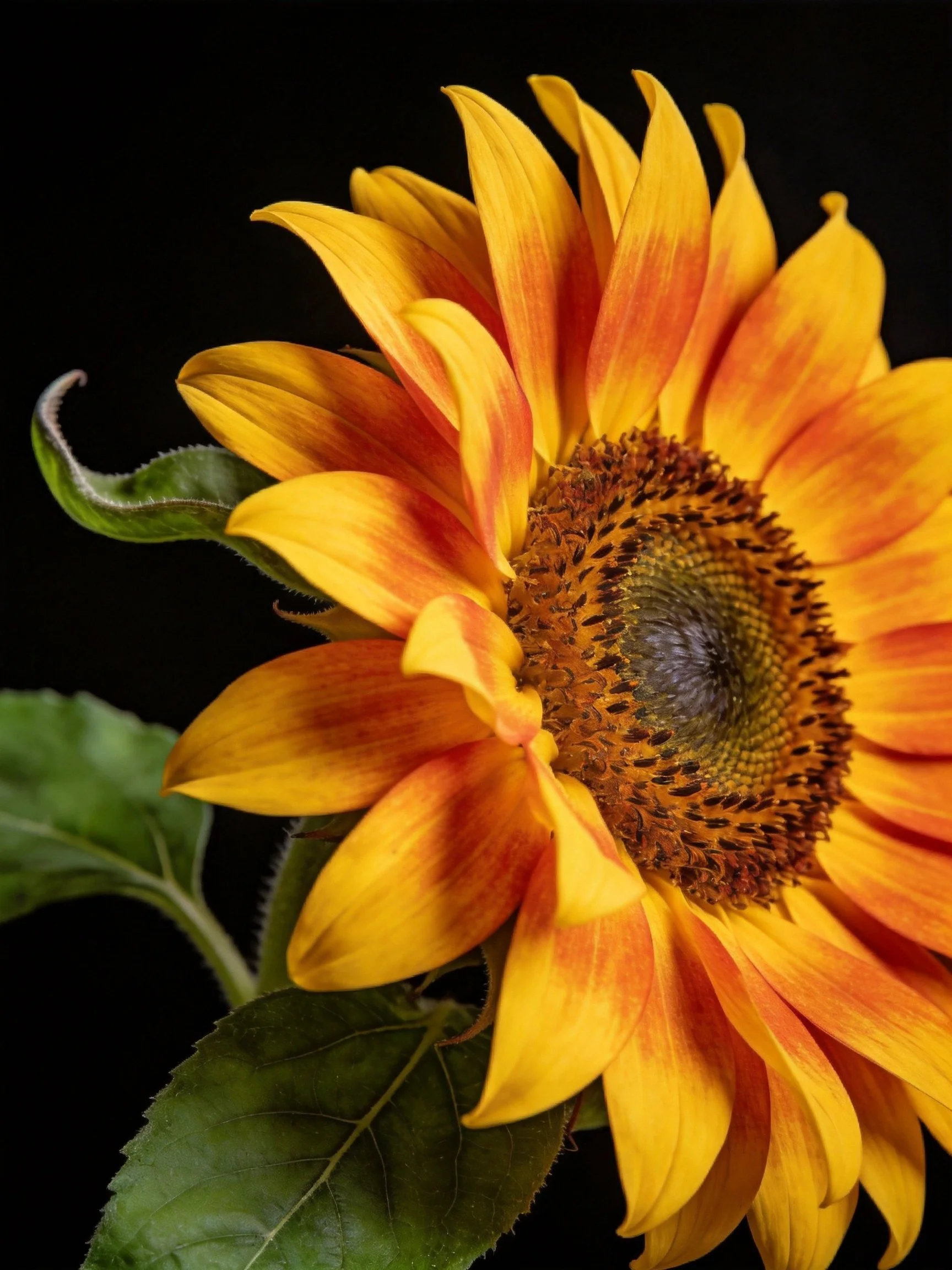 A vibrant sunflower with orange-yellow petals and dark central disk