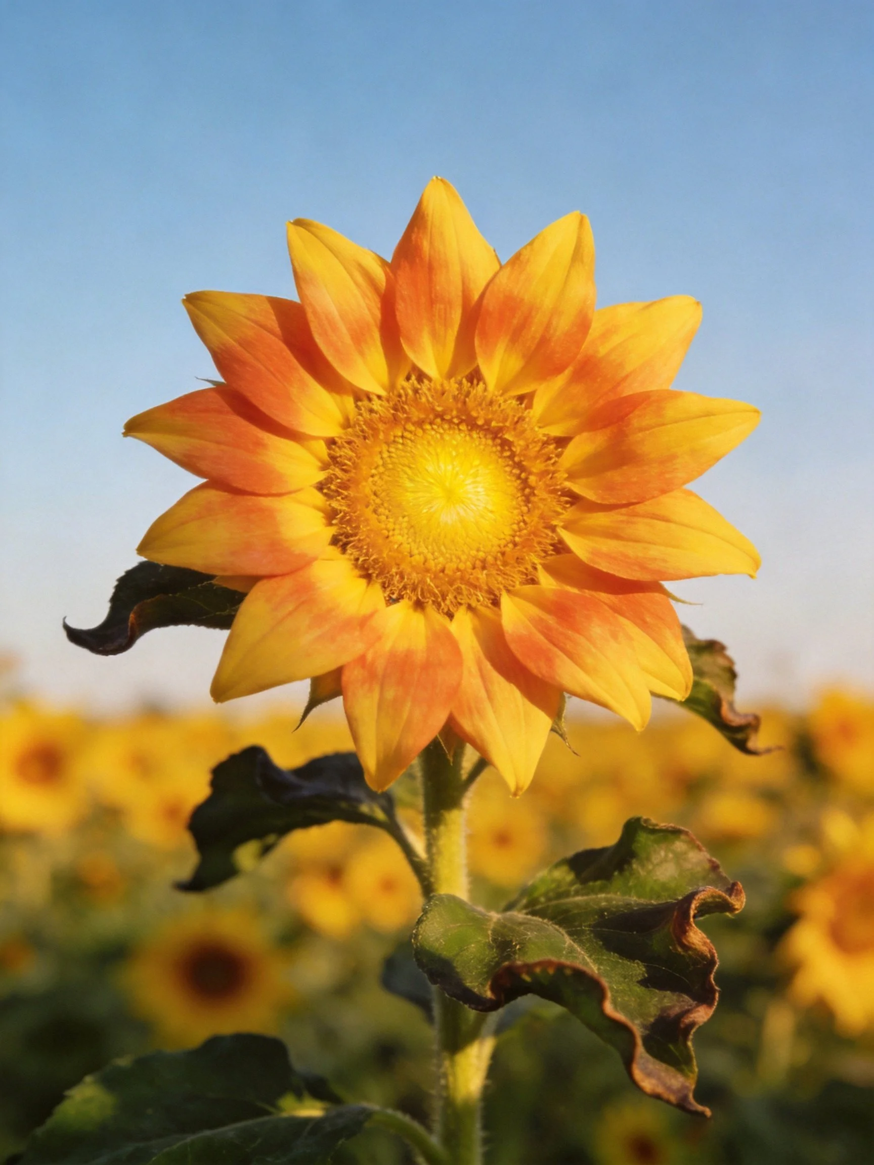 A vibrant sunflower with orange-yellow petals in a sunlit field