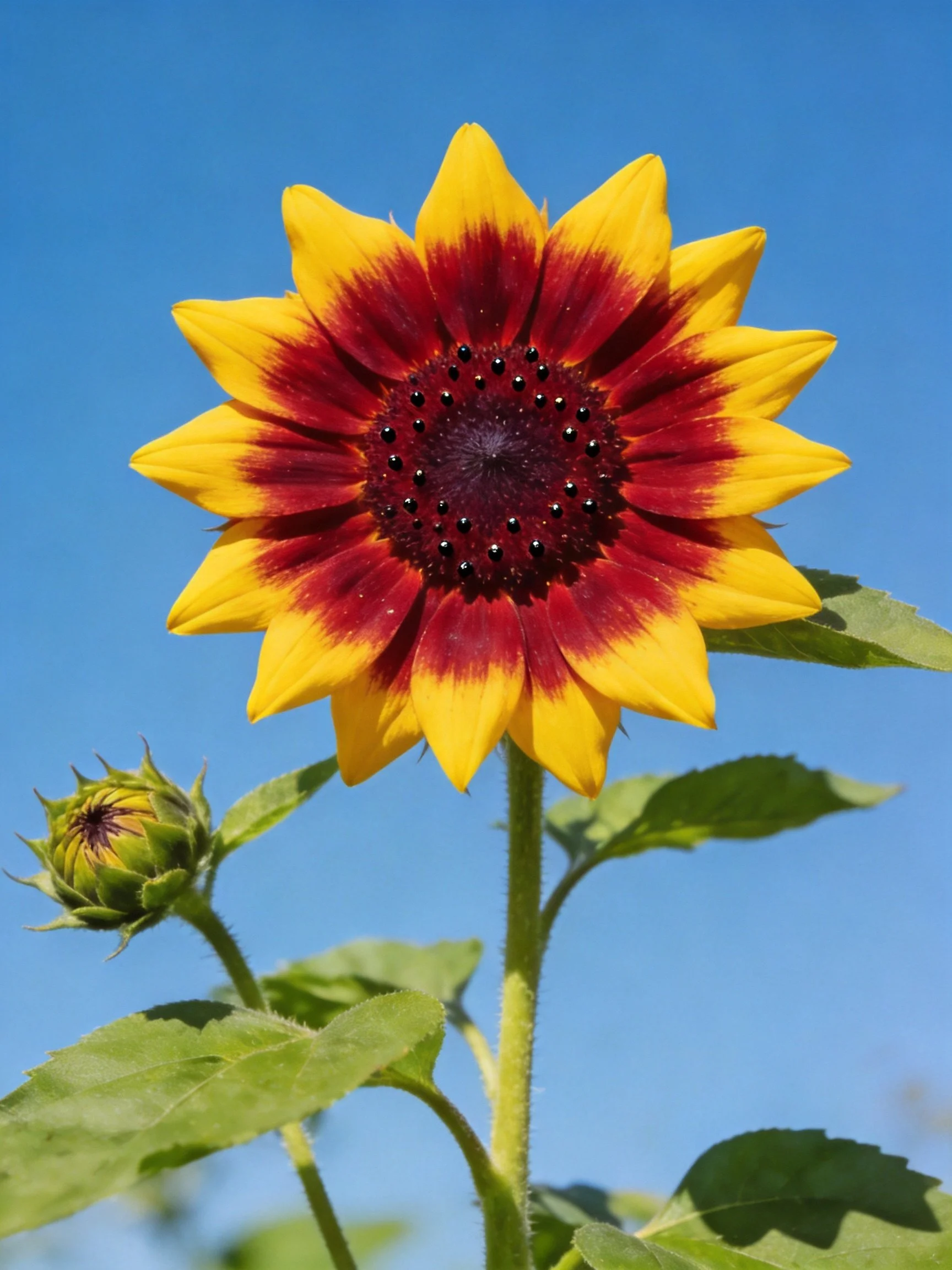 A vibrant sunflower with yellow and maroon petals, accompanied by a budding flower