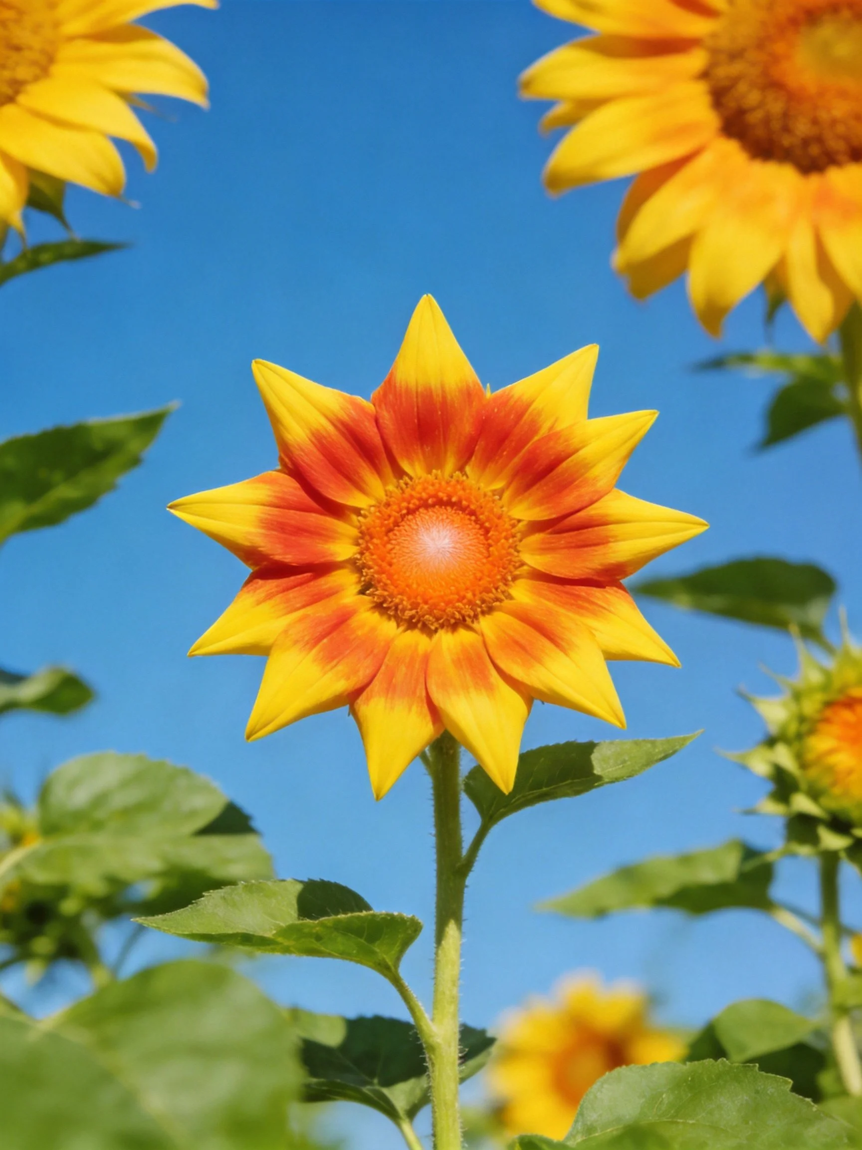 A vibrant sunflower with yellow-orange petals amid other blooms under clear blue sky