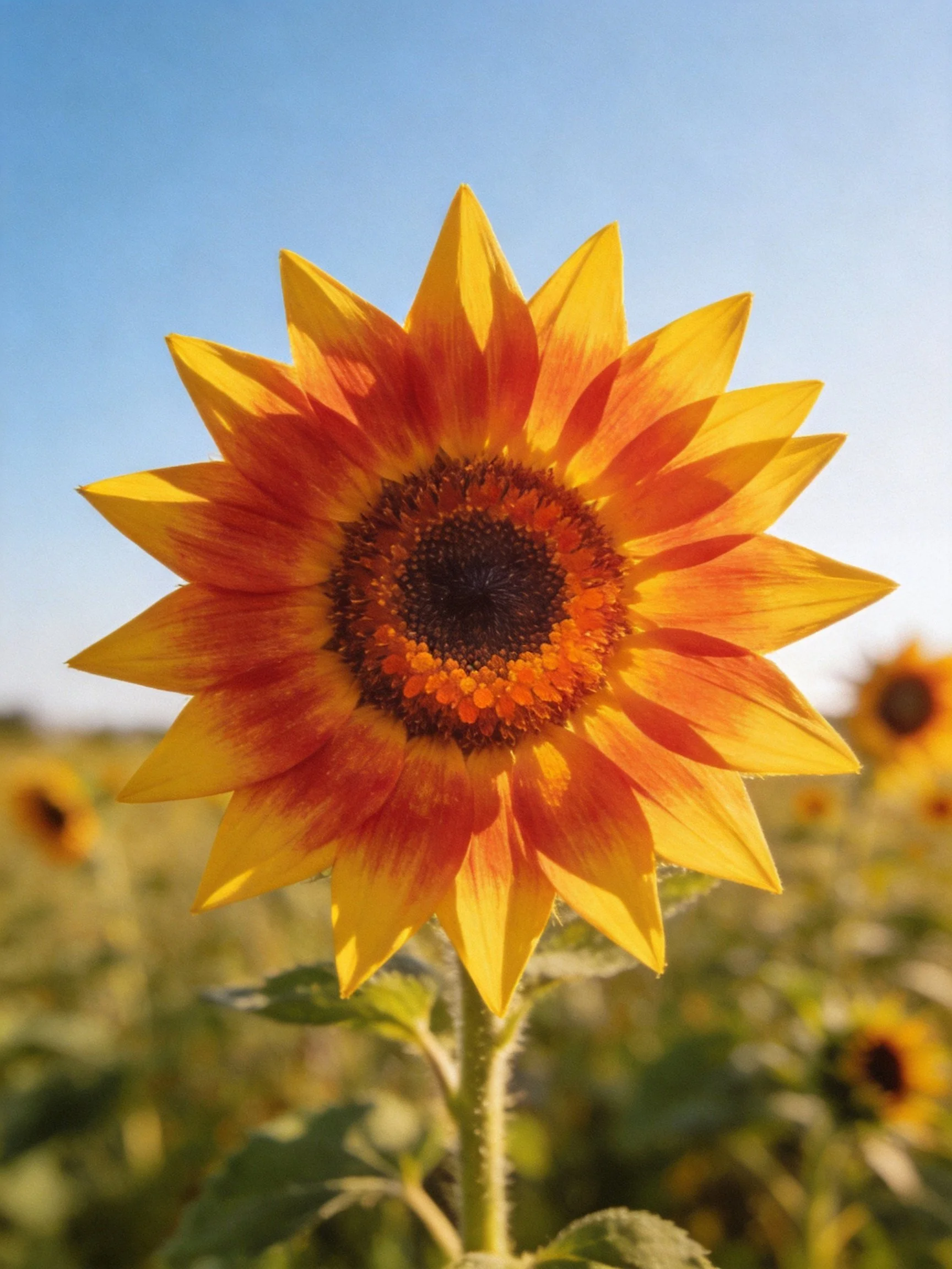A vibrant sunflower with yellow-orange petals and dark center