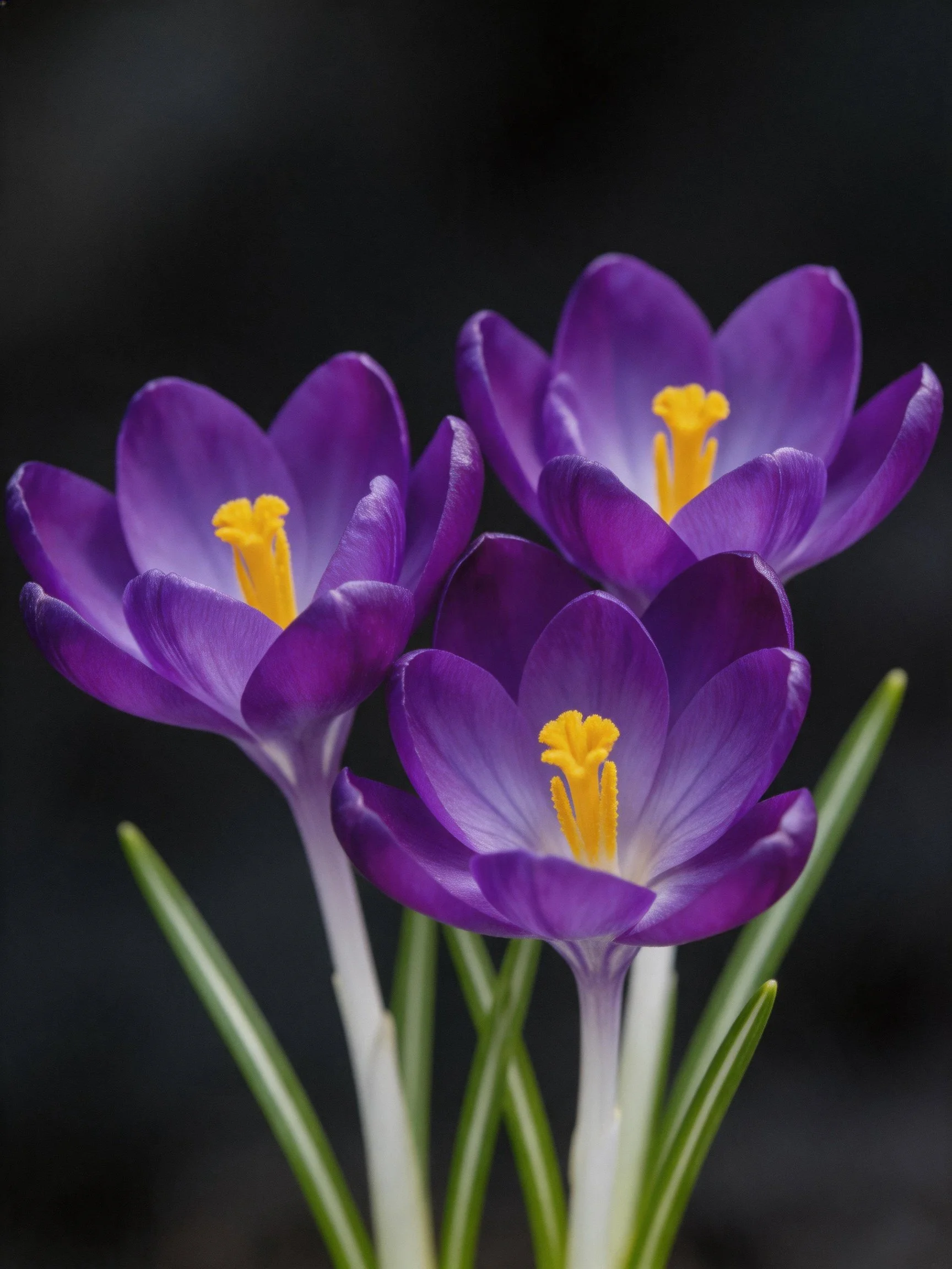 A vibrant trio of purple crocus flowers with yellow stamens