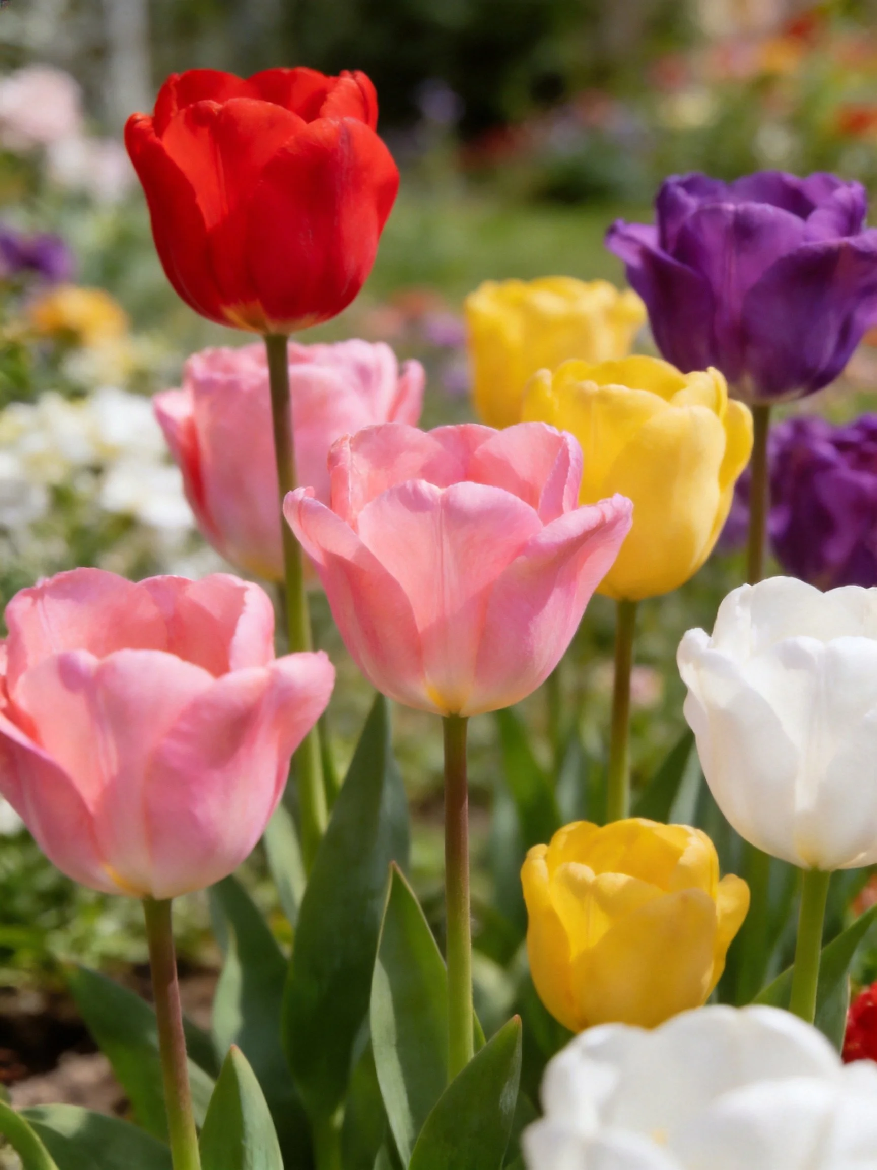 A vibrant tulip garden with red, purple, pink, yellow, white flowers