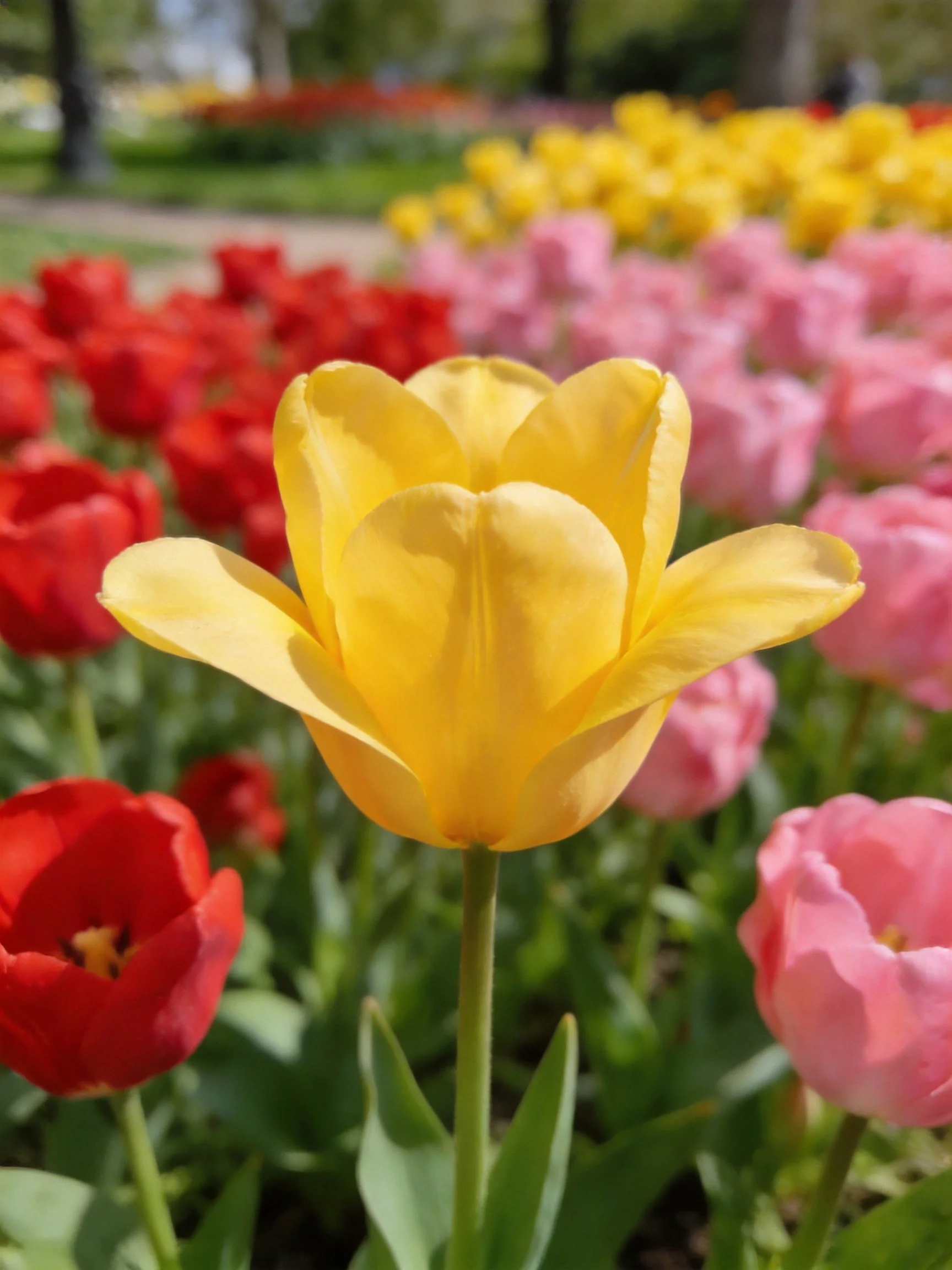 A vibrant tulip garden with yellow, pink, and red tulips