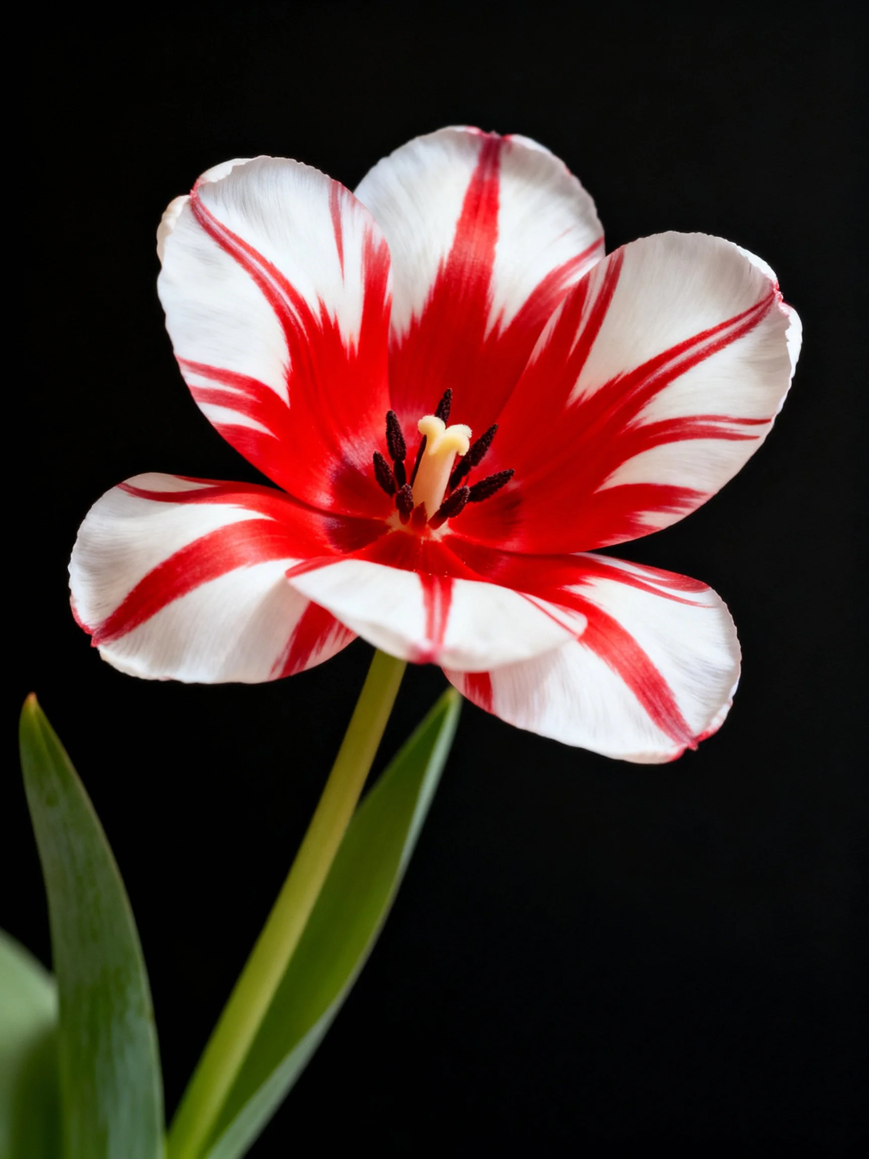 A vibrant tulip with bold red and white stripes