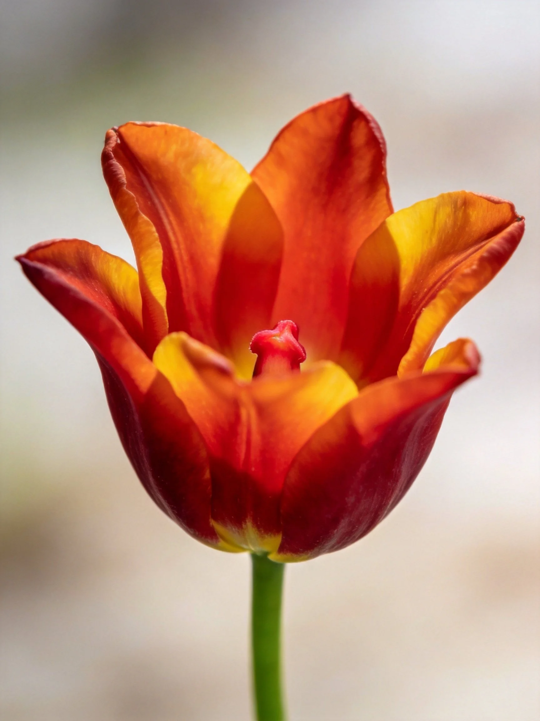 A vibrant tulip with orange and yellow petals