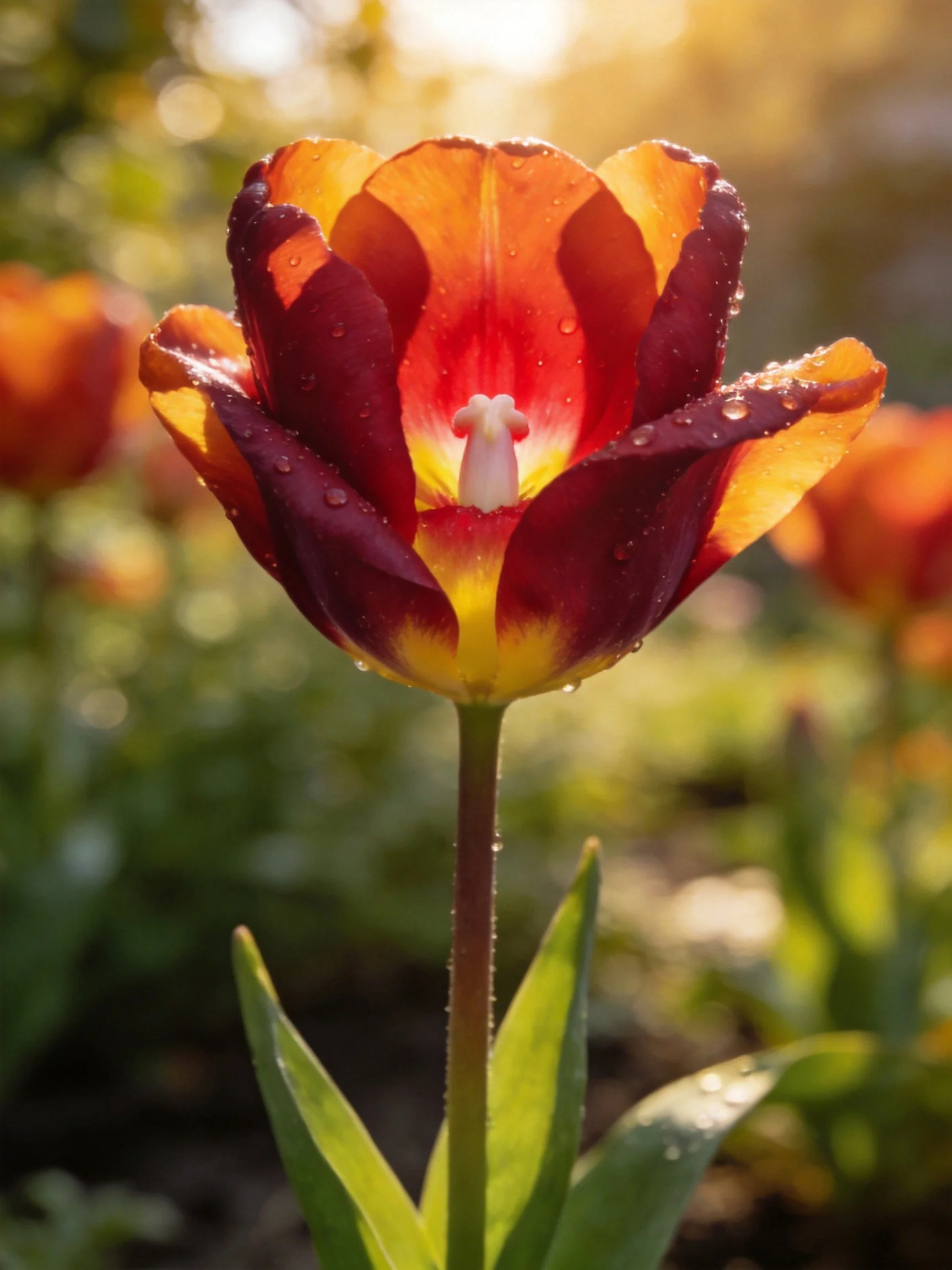 A vibrant tulip with red-orange petals and dewdrops in sunlight