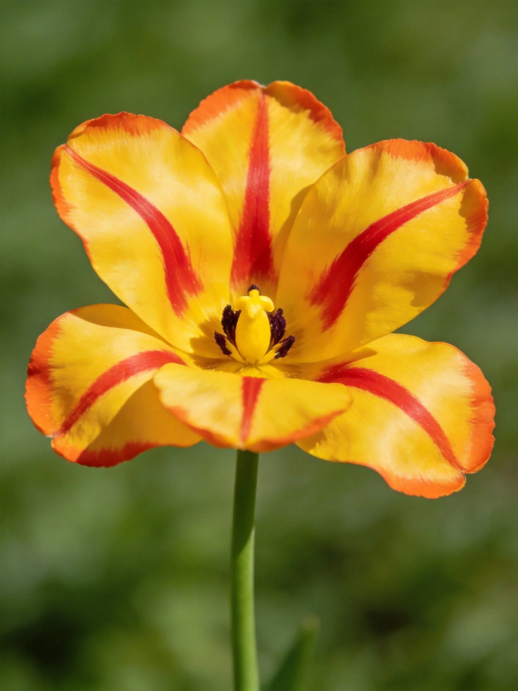 A vibrant tulip with red stripes and orange petal edges