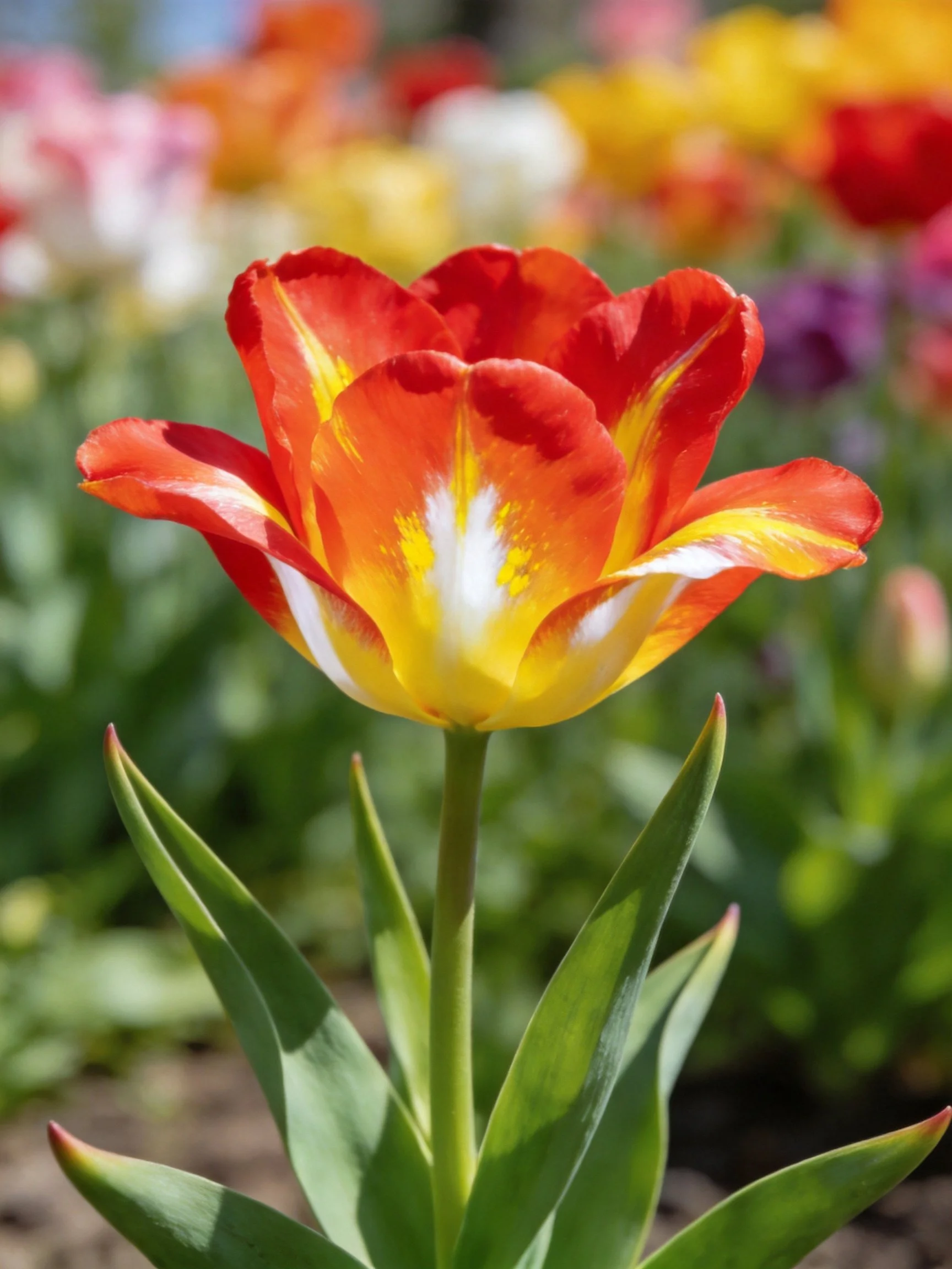 A vibrant tulip with red, yellow, and white petals