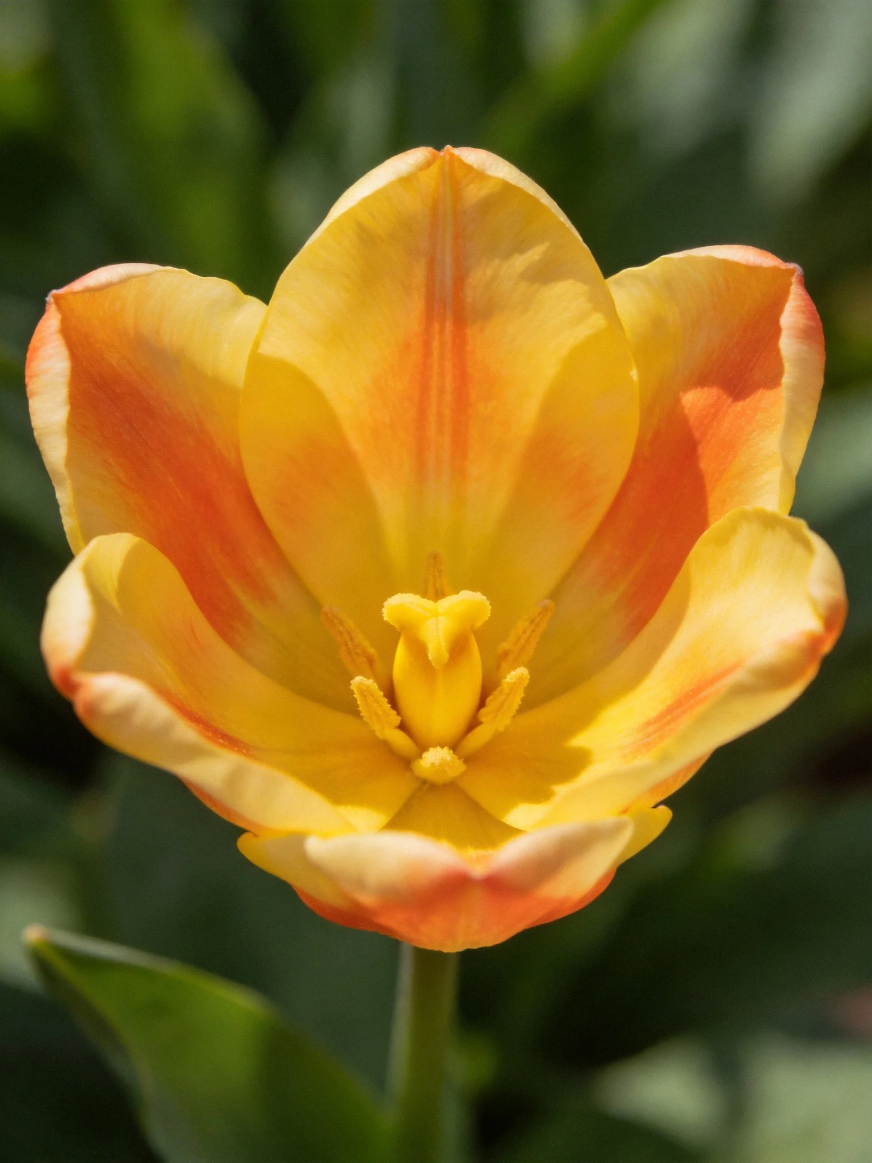 A vibrant tulip with yellow-orange gradient petals