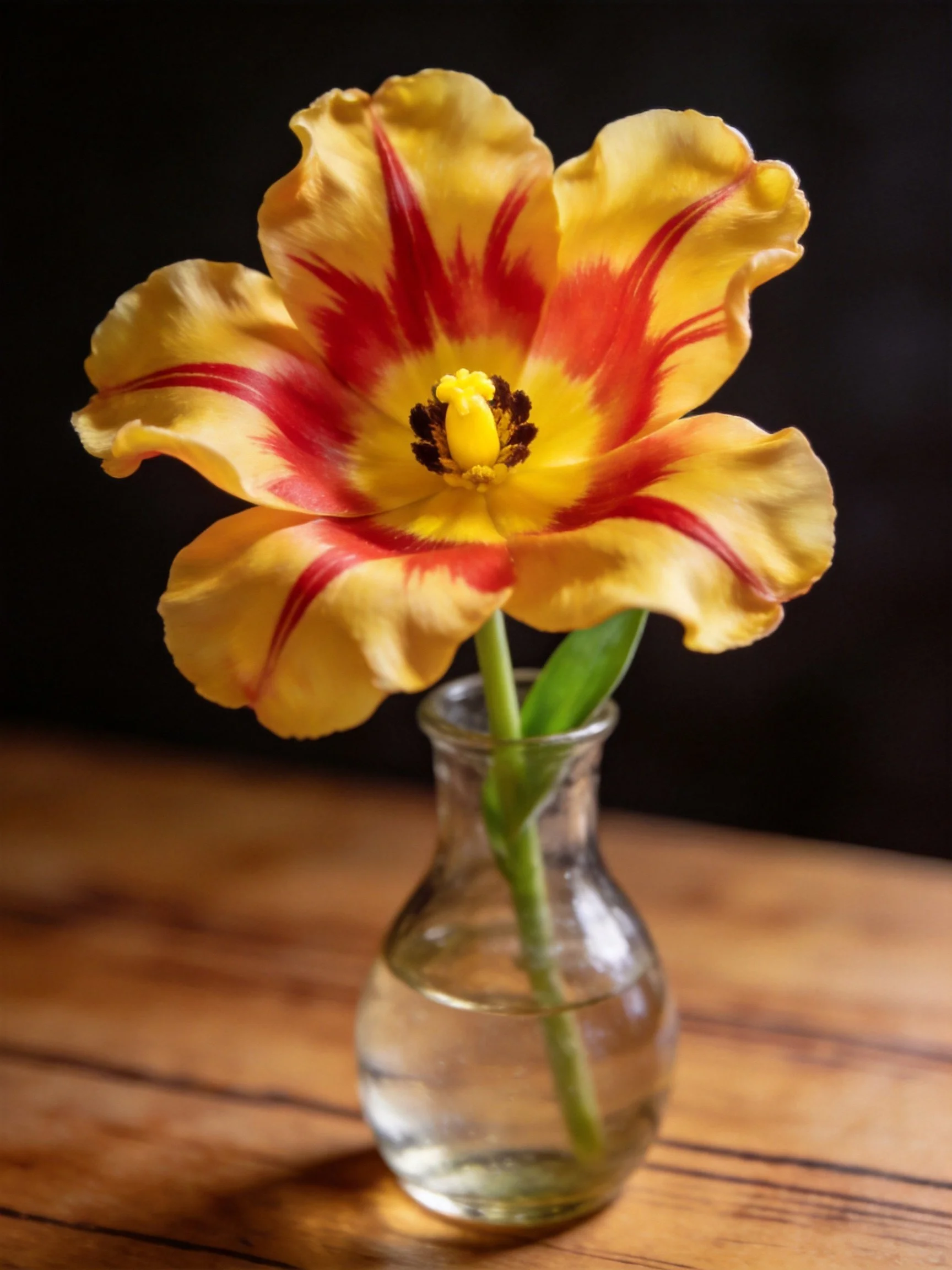 A vibrant yellow and red striped tulip in a small glass vase
