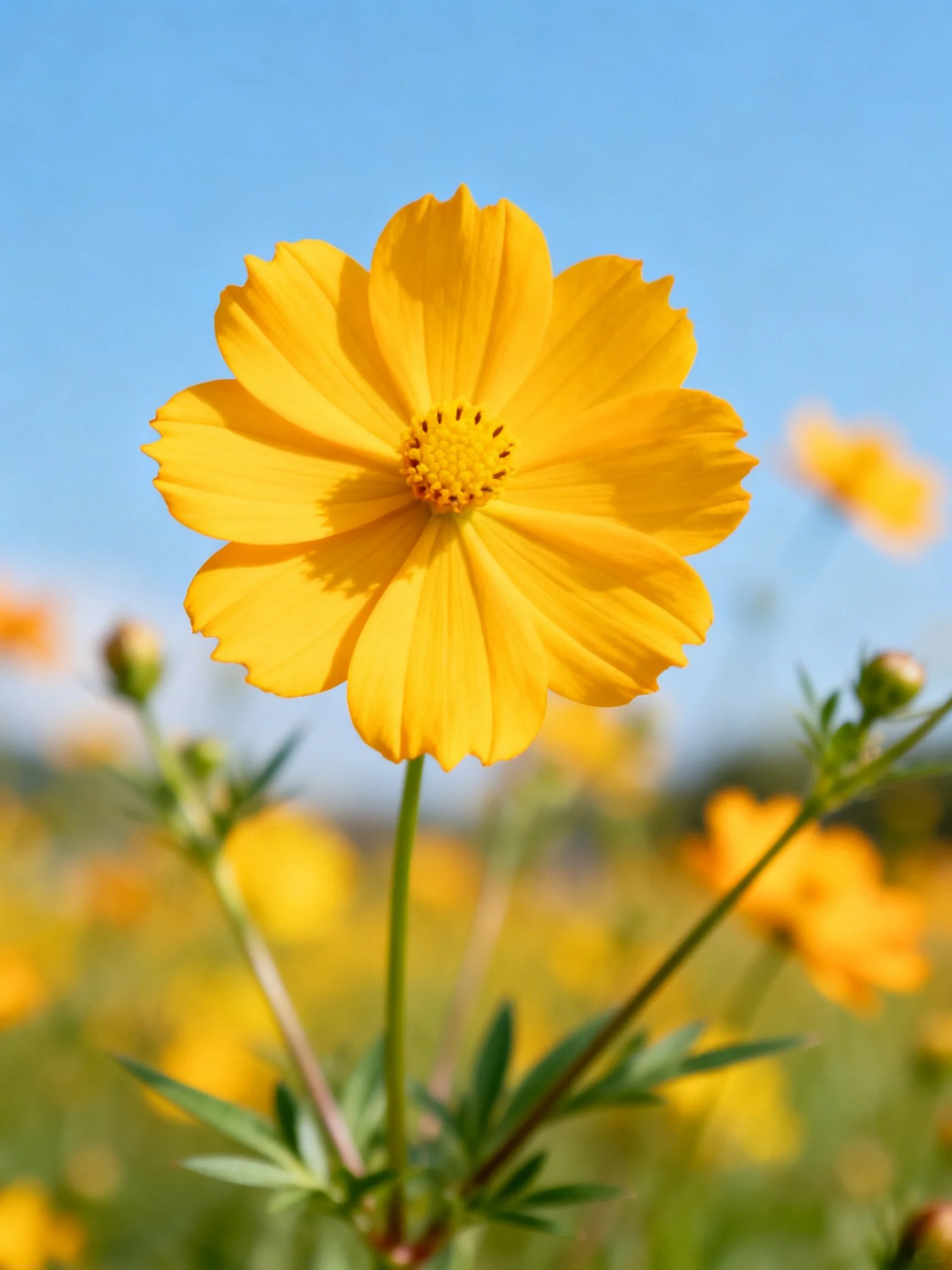 A vibrant yellow cosmos flower centered, with blurred yellow blooms and blue sky
