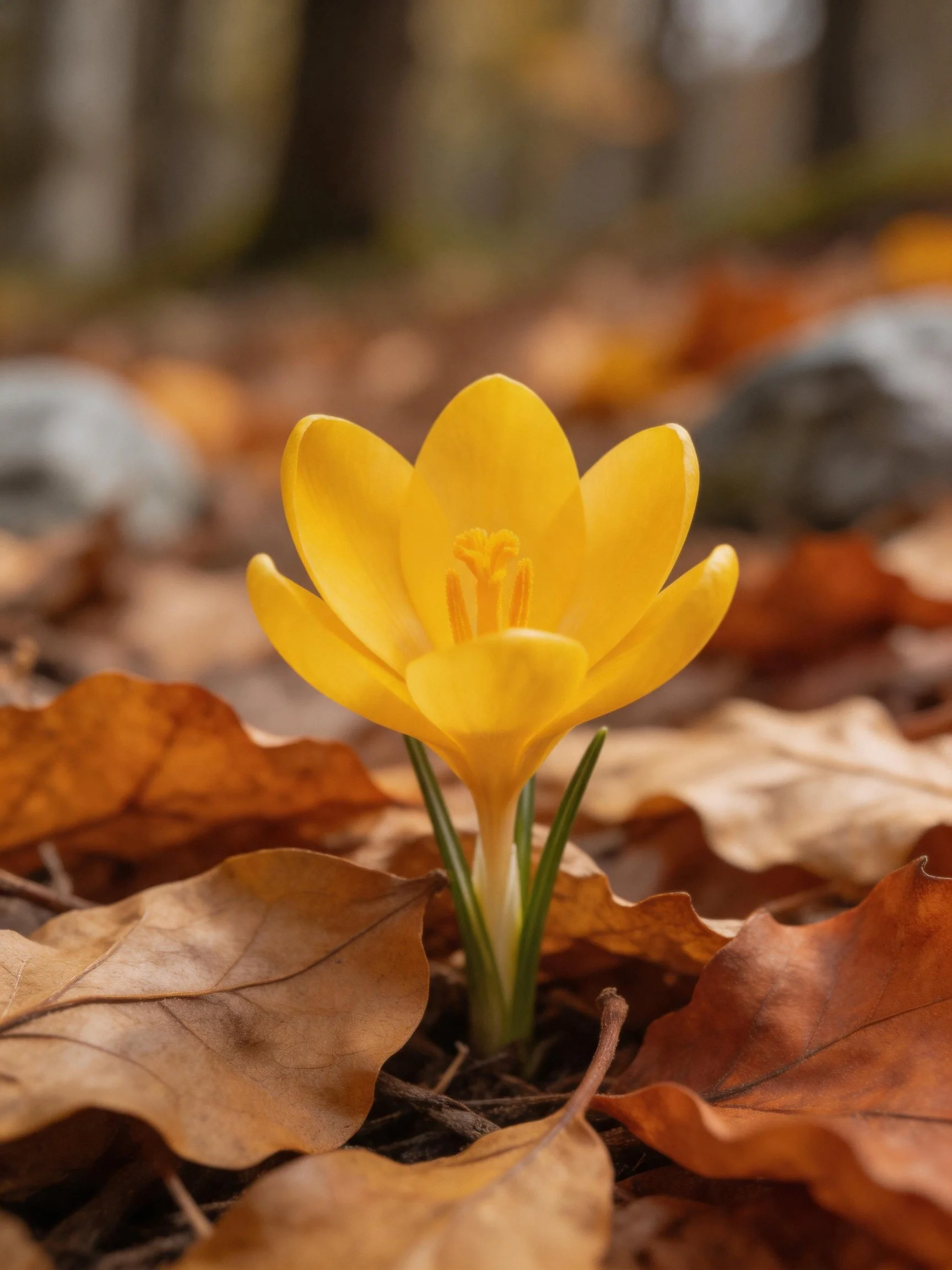 A vibrant yellow crocus blooms among fallen autumn leaves