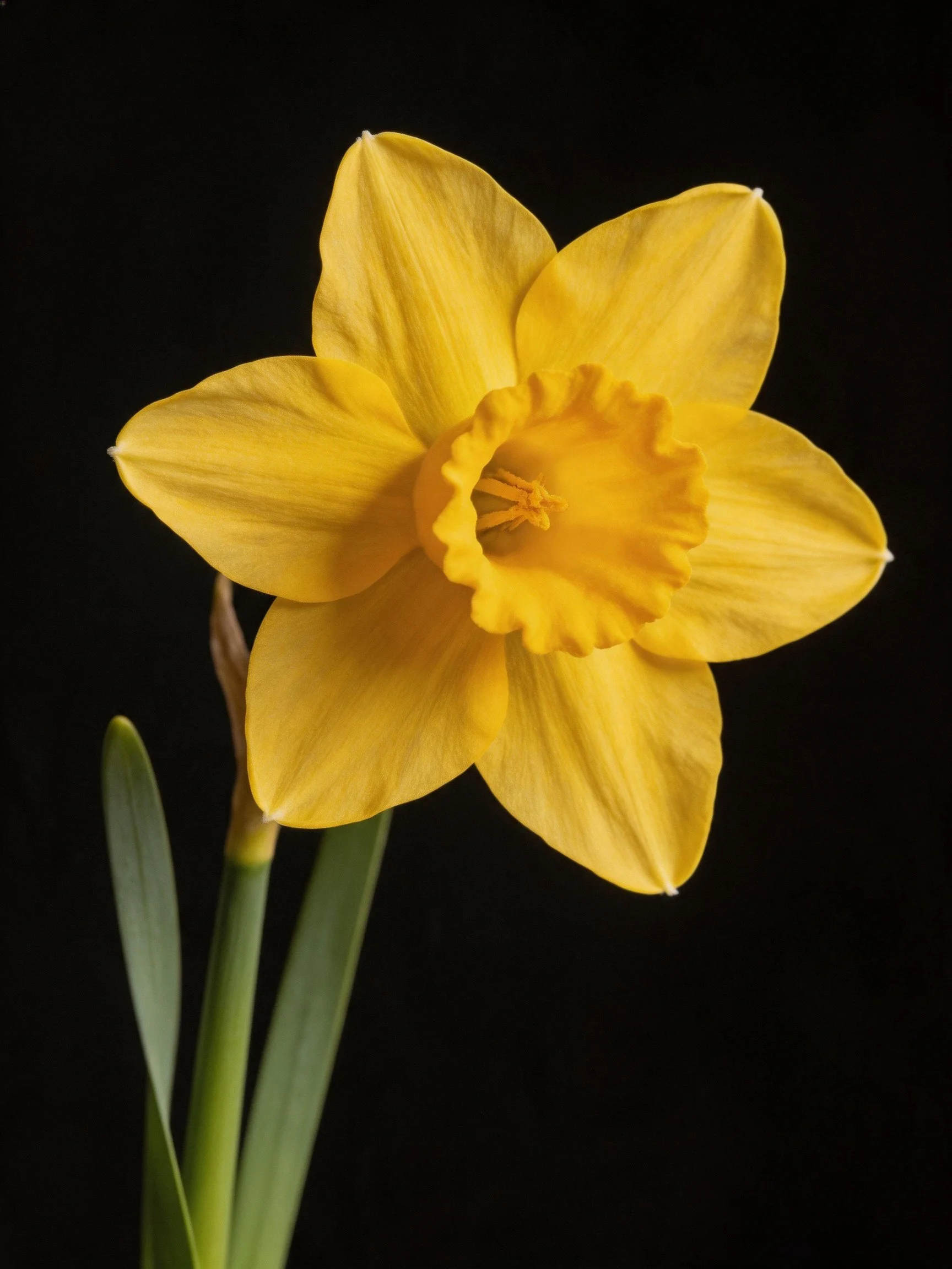 A vibrant yellow daffodil against a black backdrop