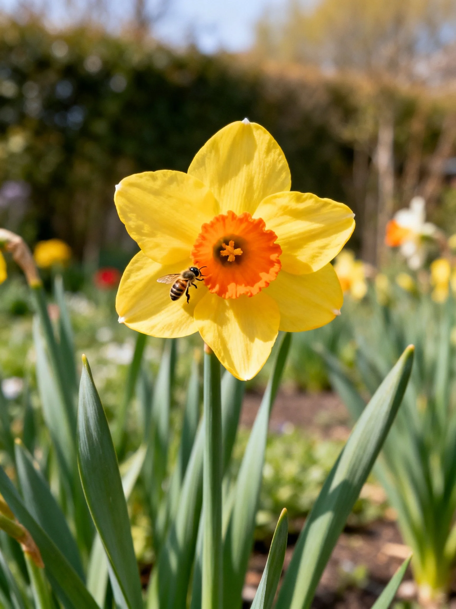 A vibrant yellow daffodil with an orange center and a visiting bee