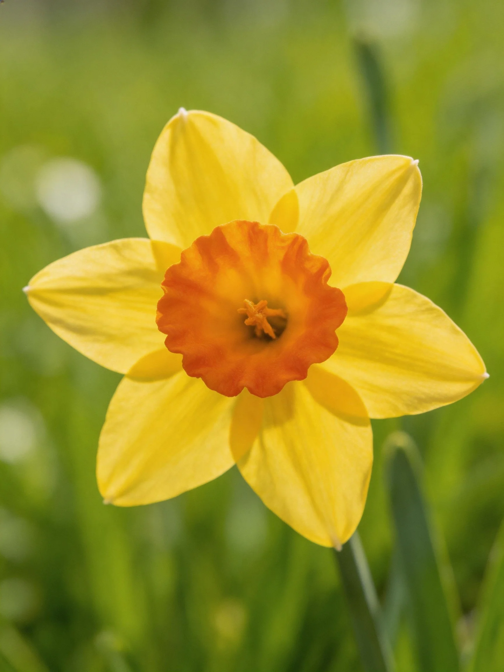 A vibrant yellow daffodil with an orange central corona