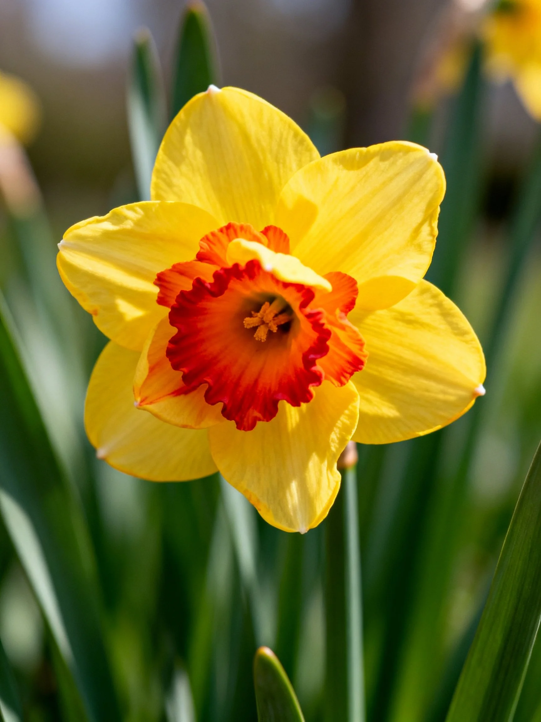 A vibrant yellow daffodil with red-orange central corona