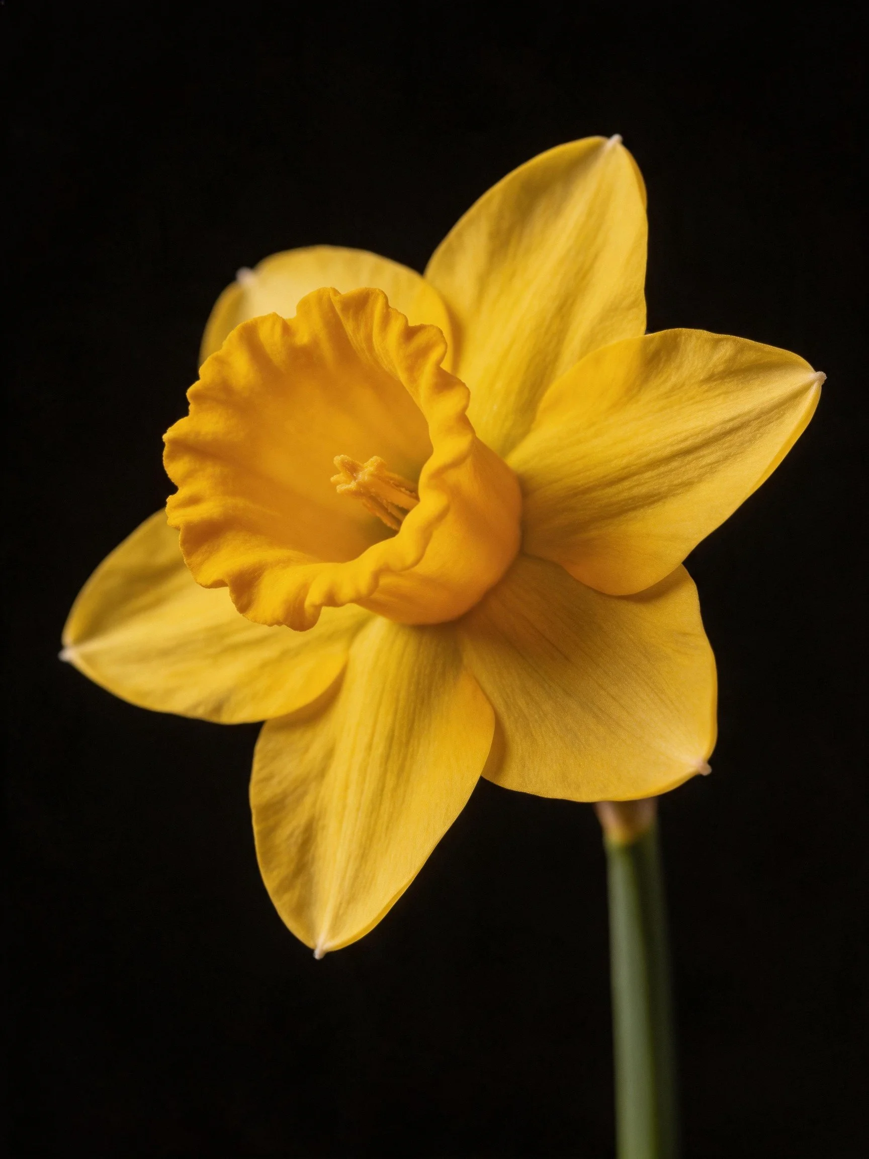 A vibrant yellow daffodil with ruffled center on black background