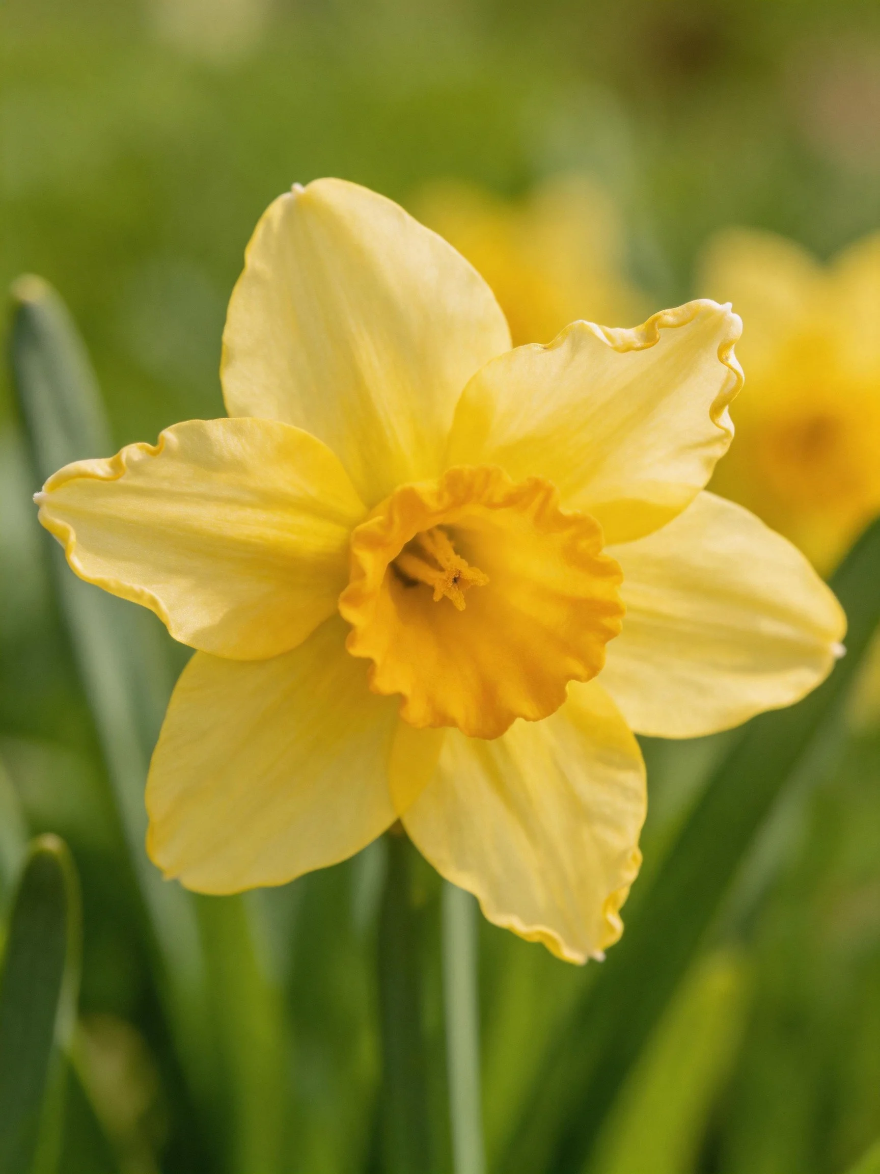 A vibrant yellow daffodil with ruffled petals in a green setting