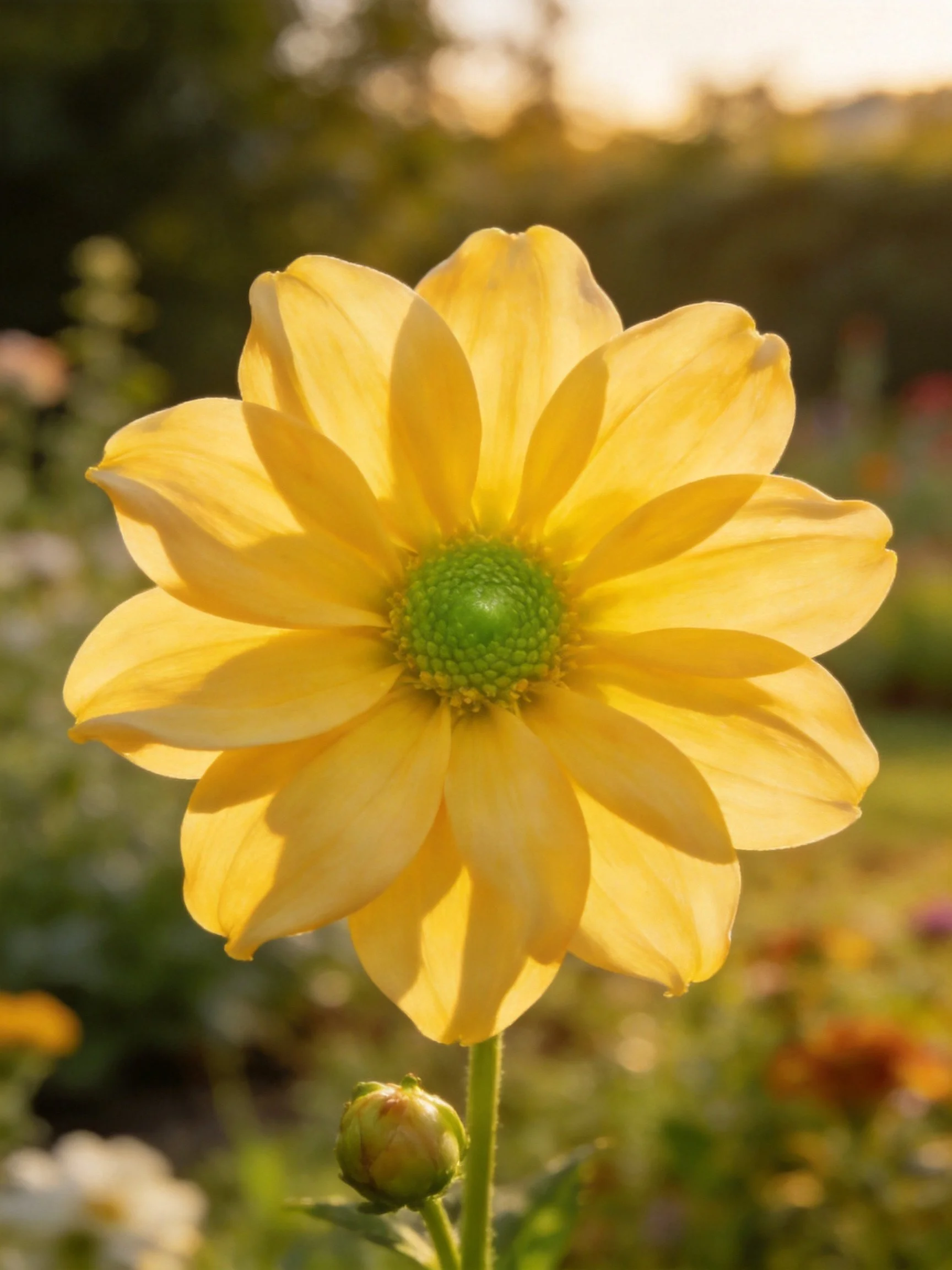A vibrant yellow dahlia with a green center in a sunlit garden
