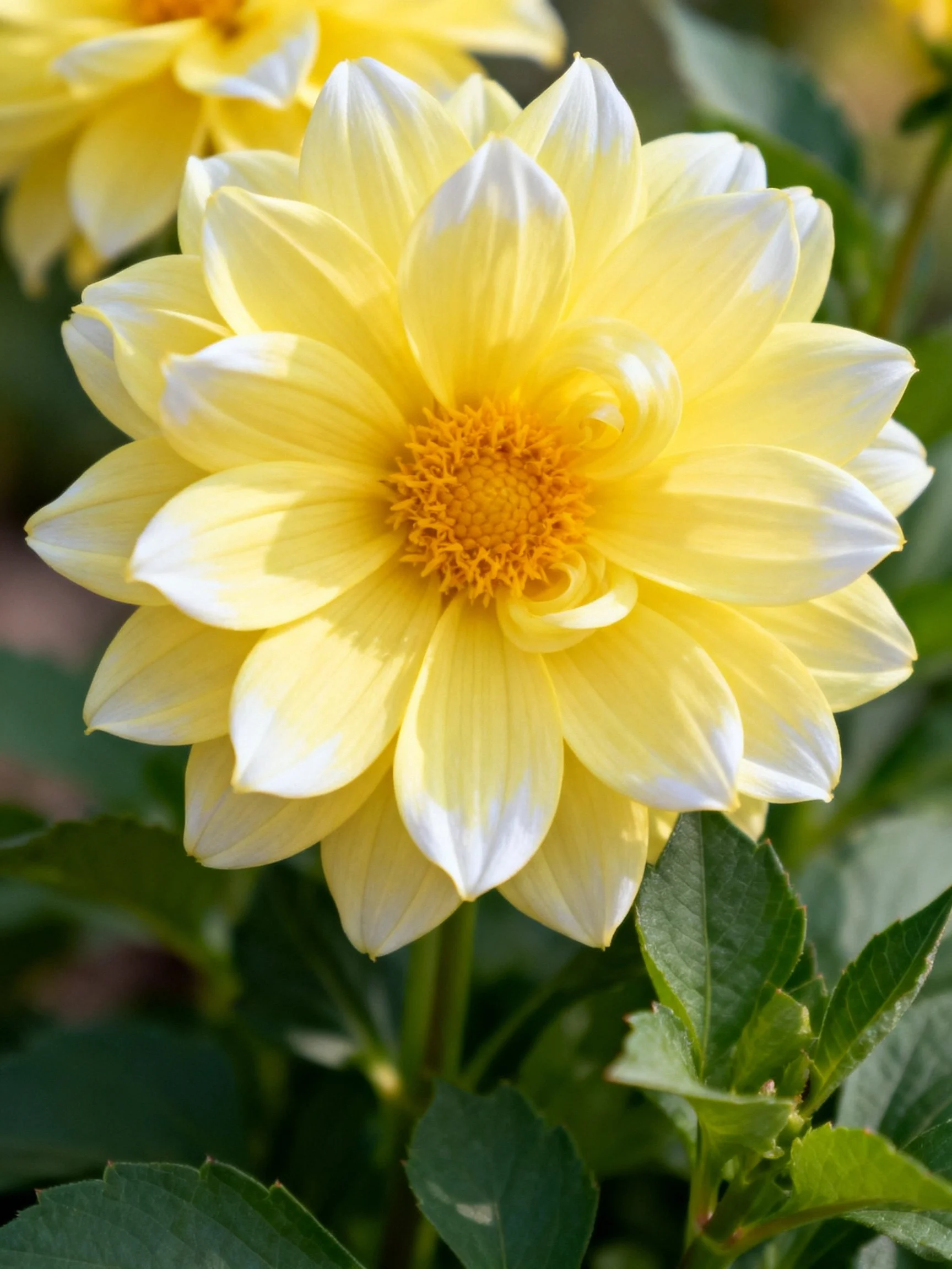 A vibrant yellow dahlia with white-tipped petals and golden center