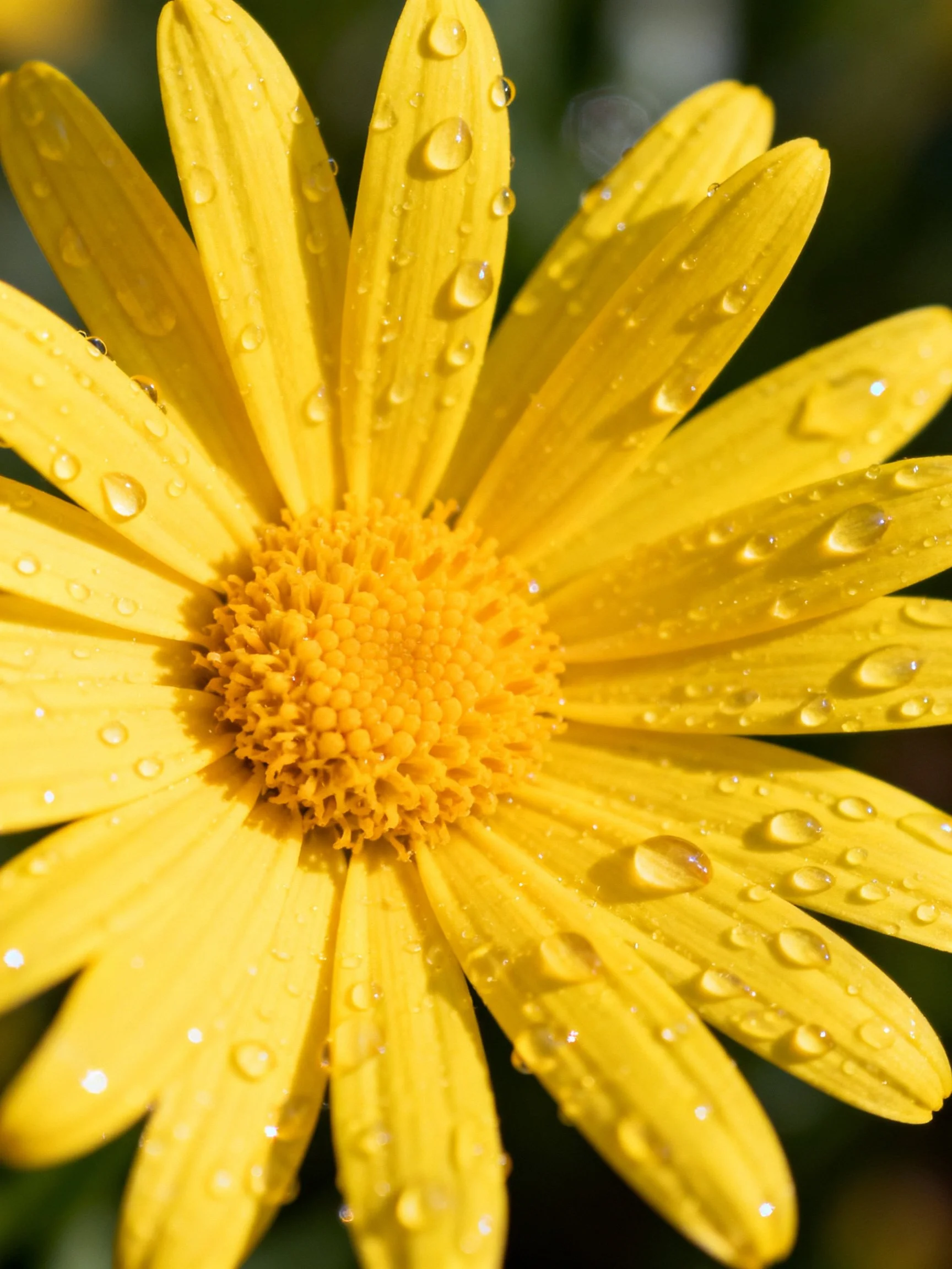 A vibrant yellow daisy with glistening water droplets