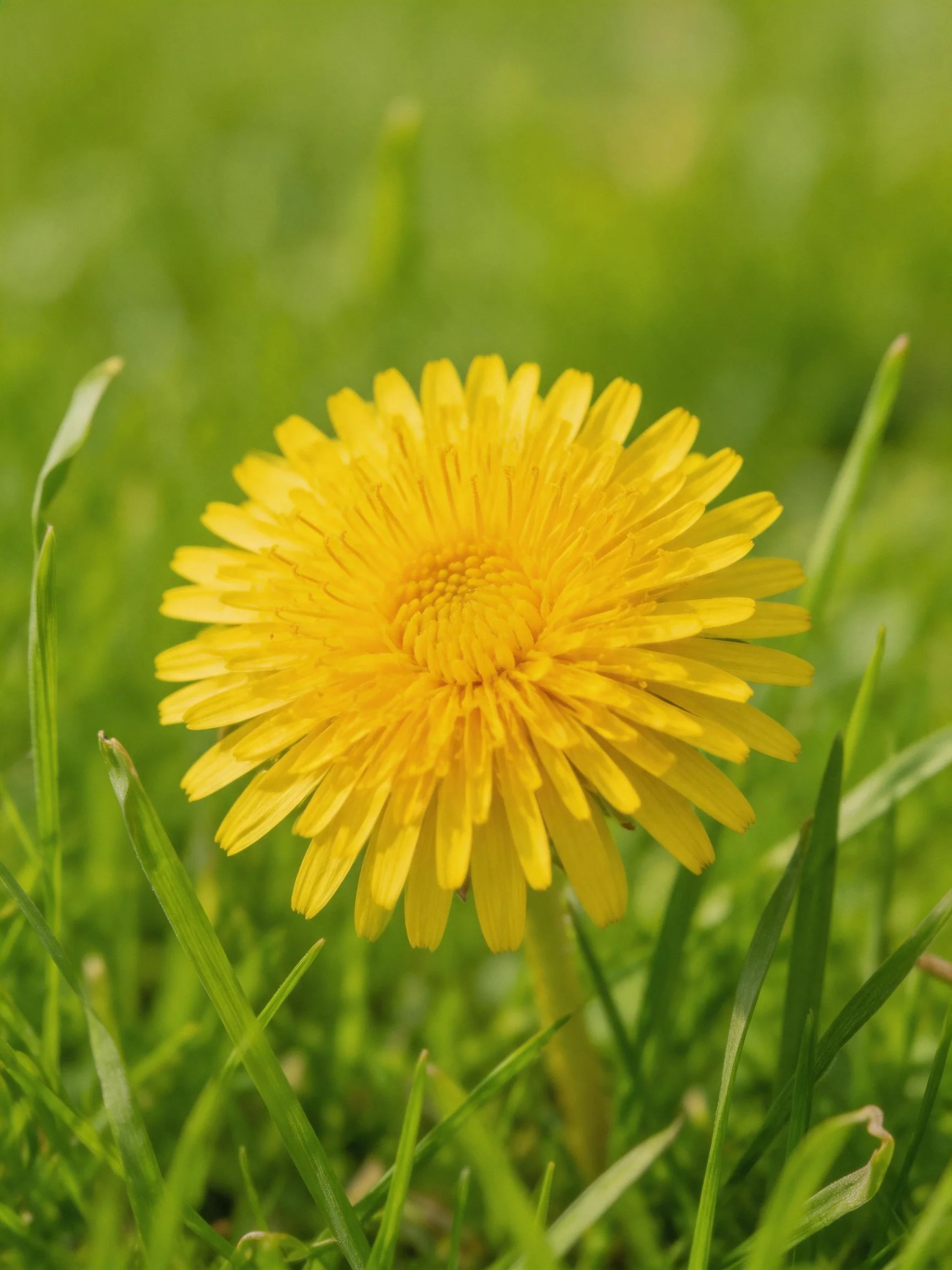 A vibrant yellow dandelion blooming among lush green grass