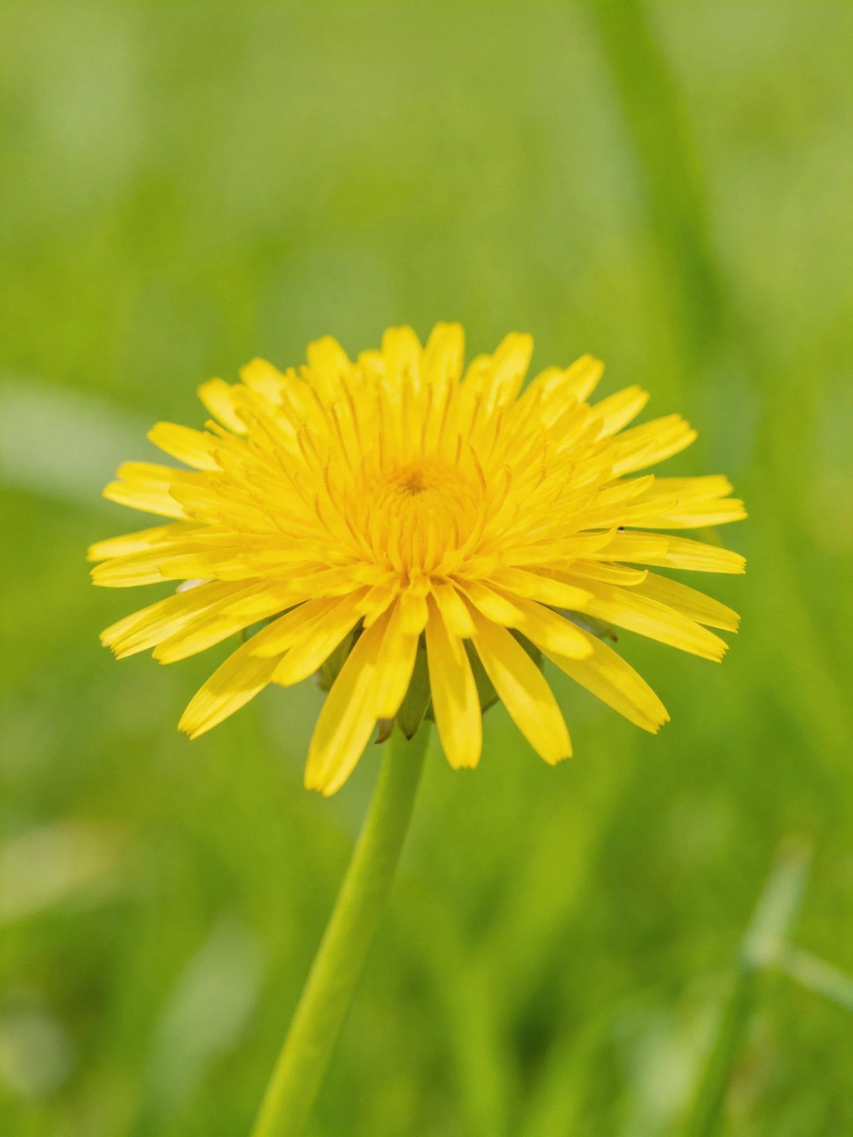 A vibrant yellow dandelion blooms against soft green foliage