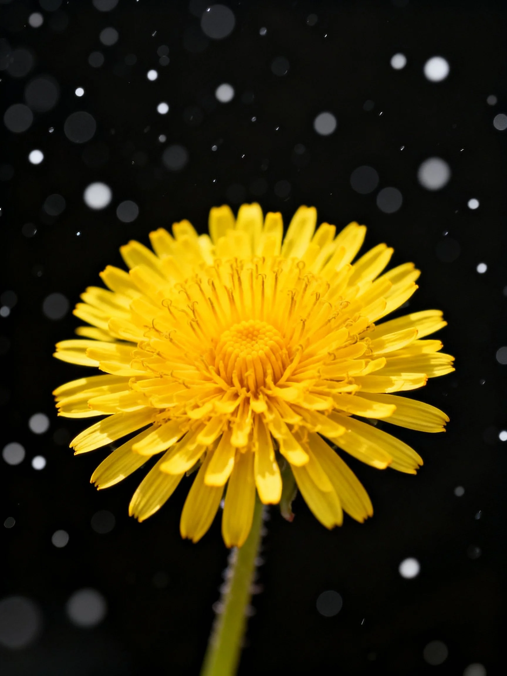 A vibrant yellow dandelion centered against a dark backdrop with scattered light spots