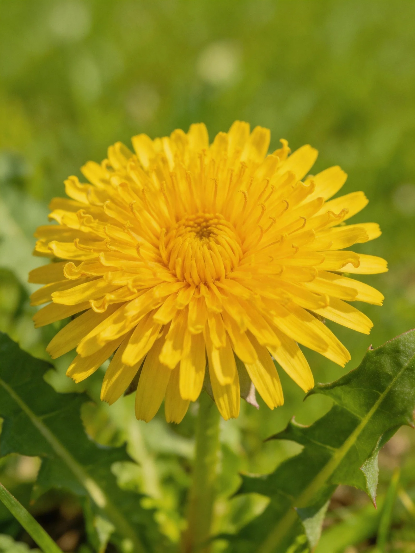 A vibrant yellow dandelion flower with green foliage in soft focus