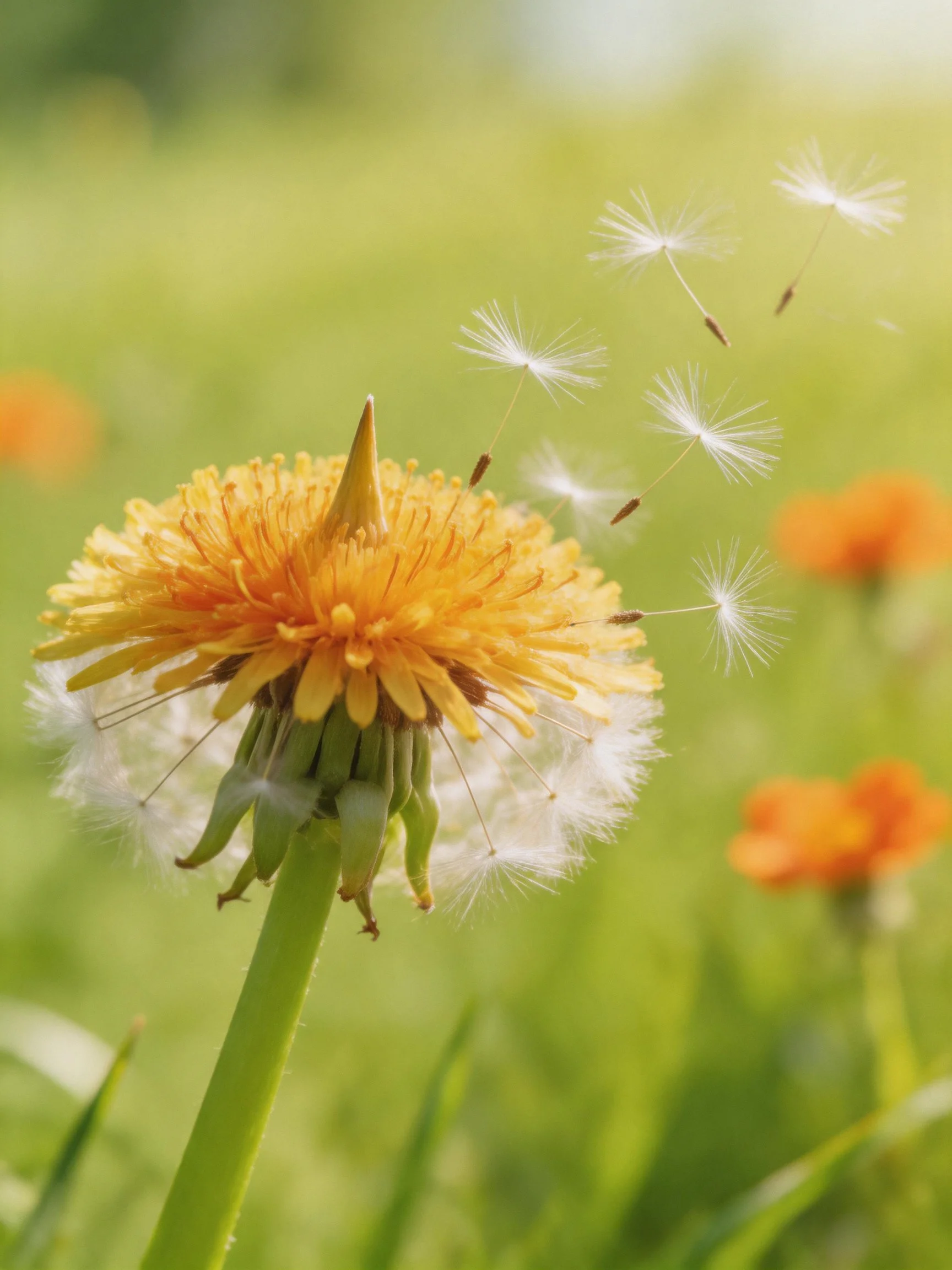 A vibrant yellow dandelion releasing delicate white seeds into a green meadow