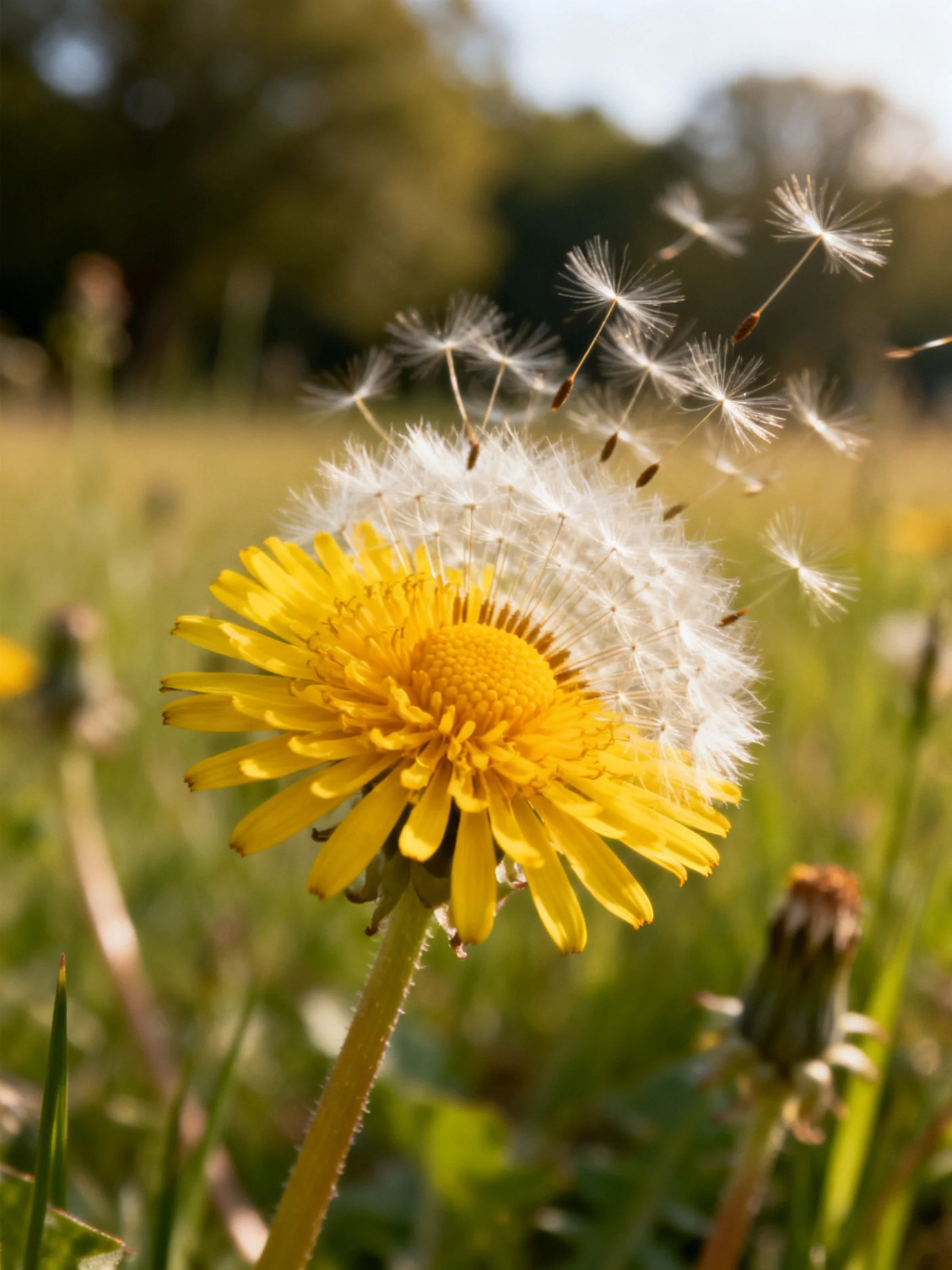 A vibrant yellow dandelion with dispersing seed heads