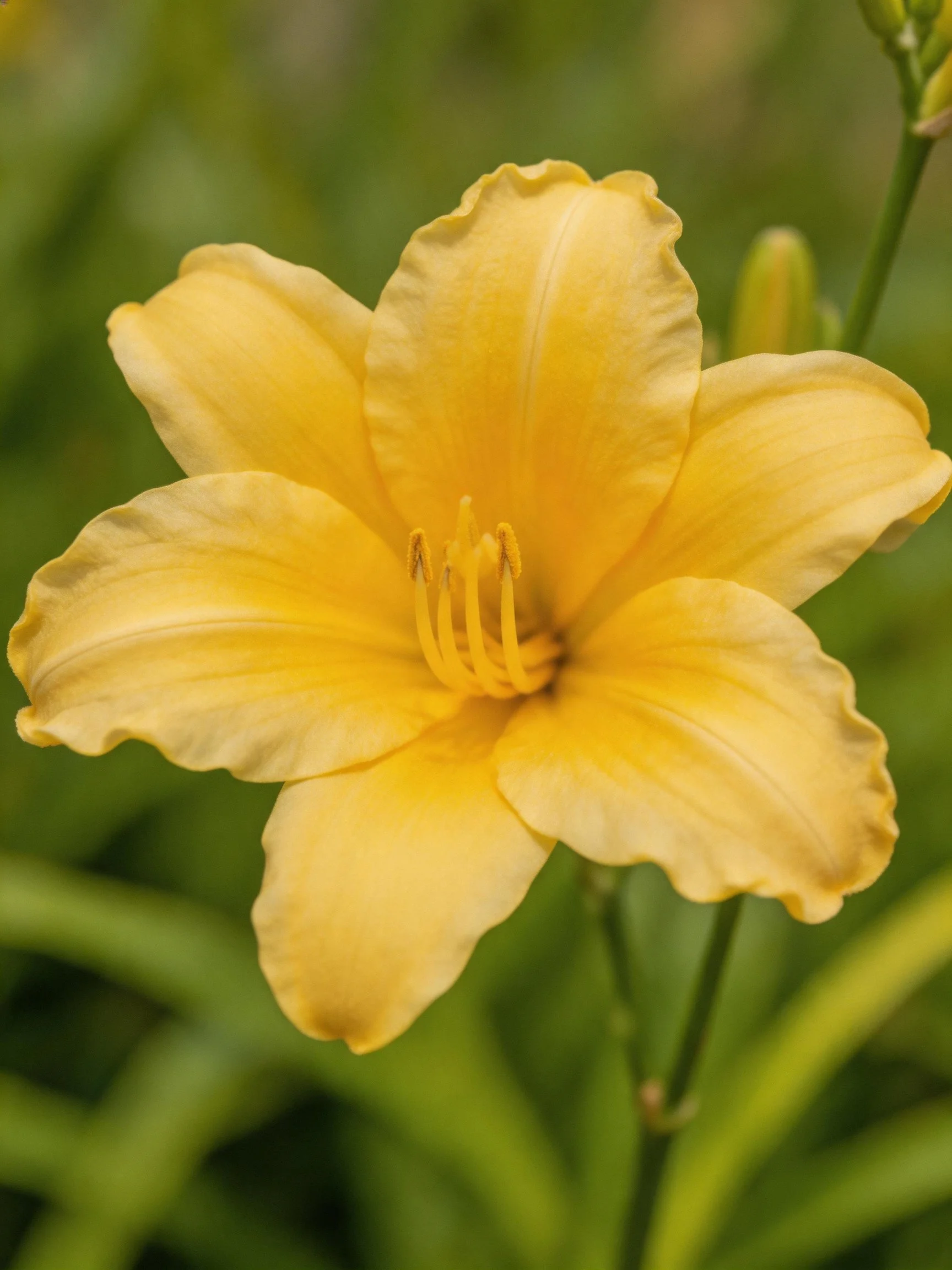 A vibrant yellow daylily in full bloom with green foliage