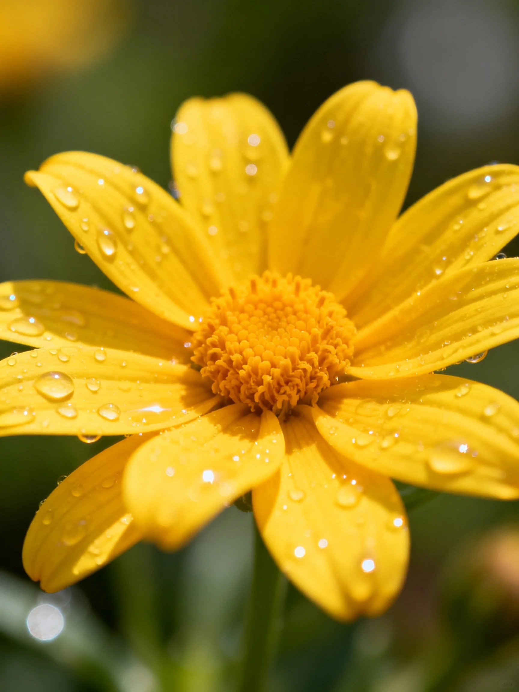 A vibrant yellow flower adorned with glistening dewdrops