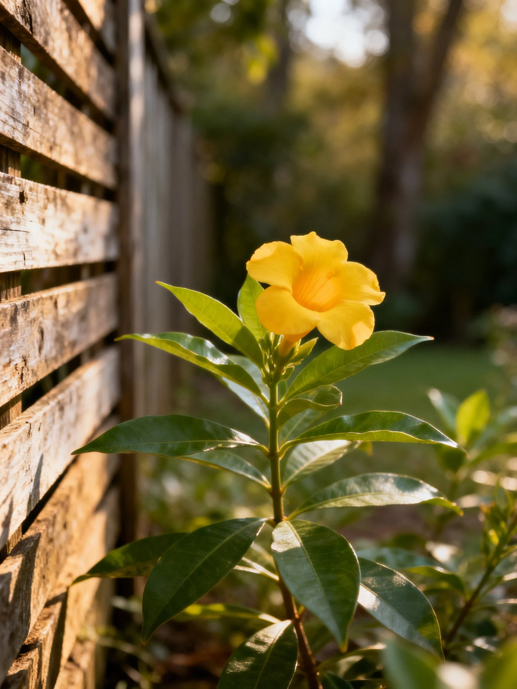A vibrant yellow flower beside weathered wooden slats