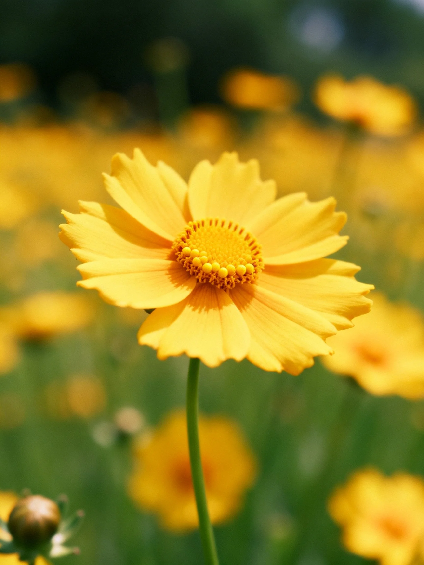 A vibrant yellow flower centered among soft-focused yellow blooms