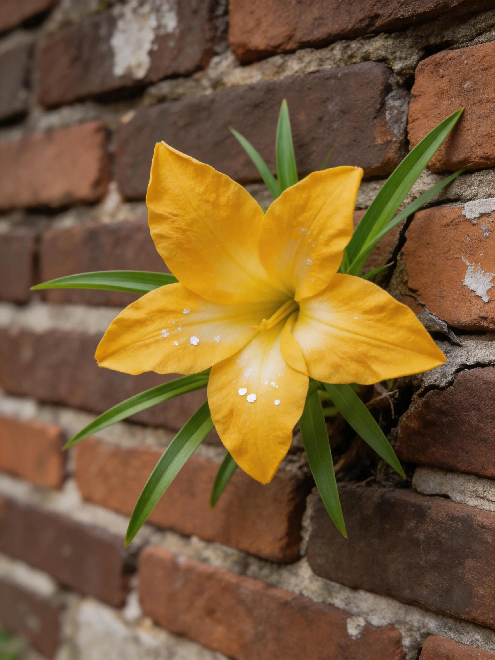 A vibrant yellow flower emerges from an aged brick wall