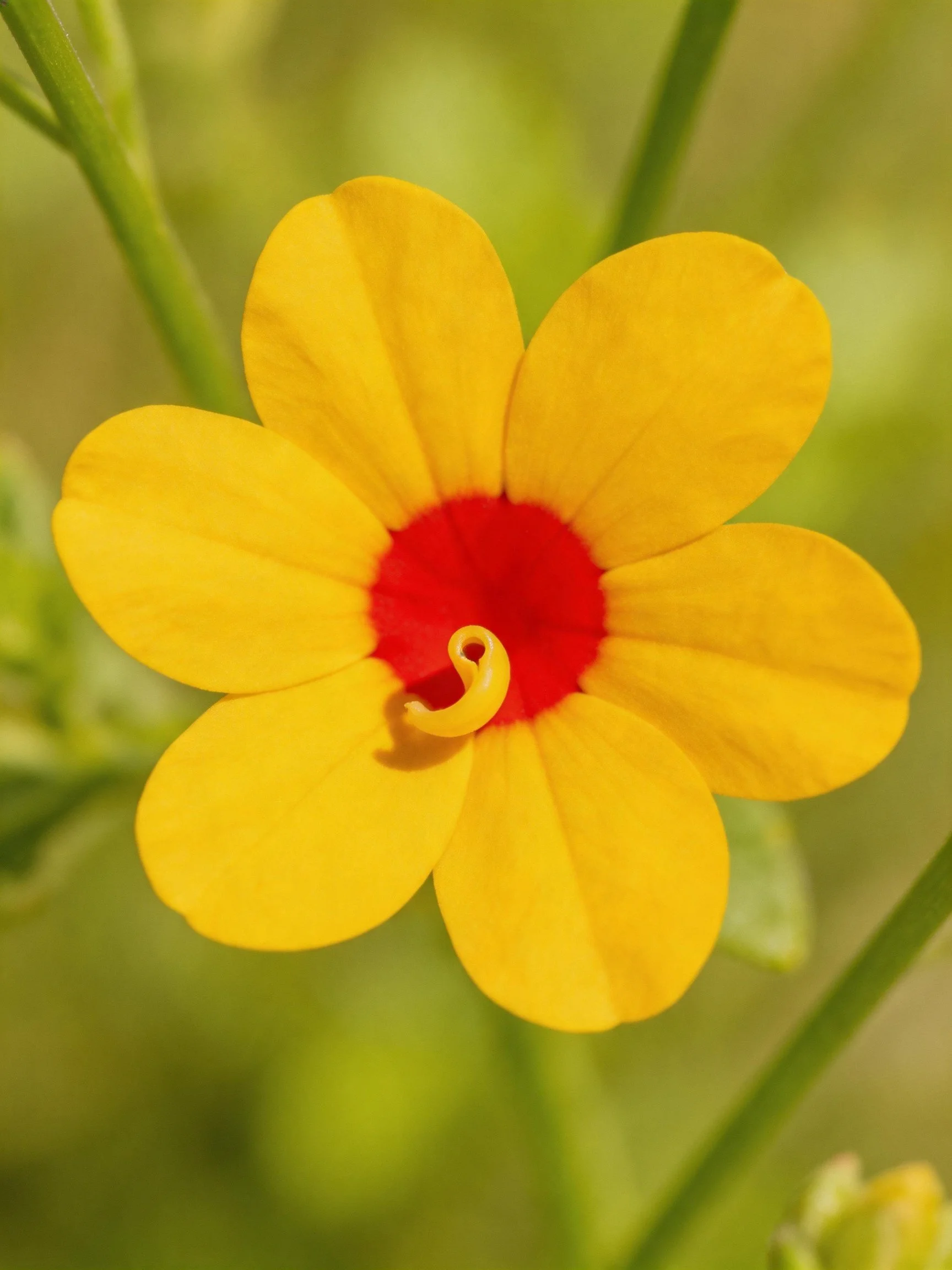 A vibrant yellow flower with a bold red center
