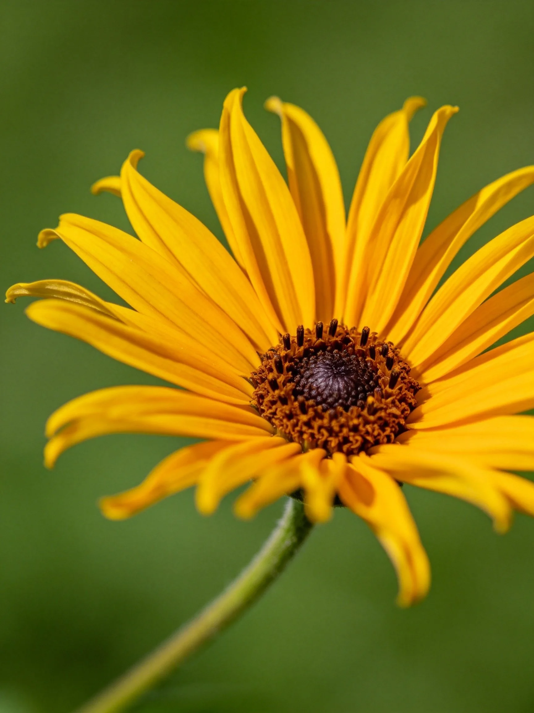 A vibrant yellow flower with a dark brown center against a blurred green backdrop