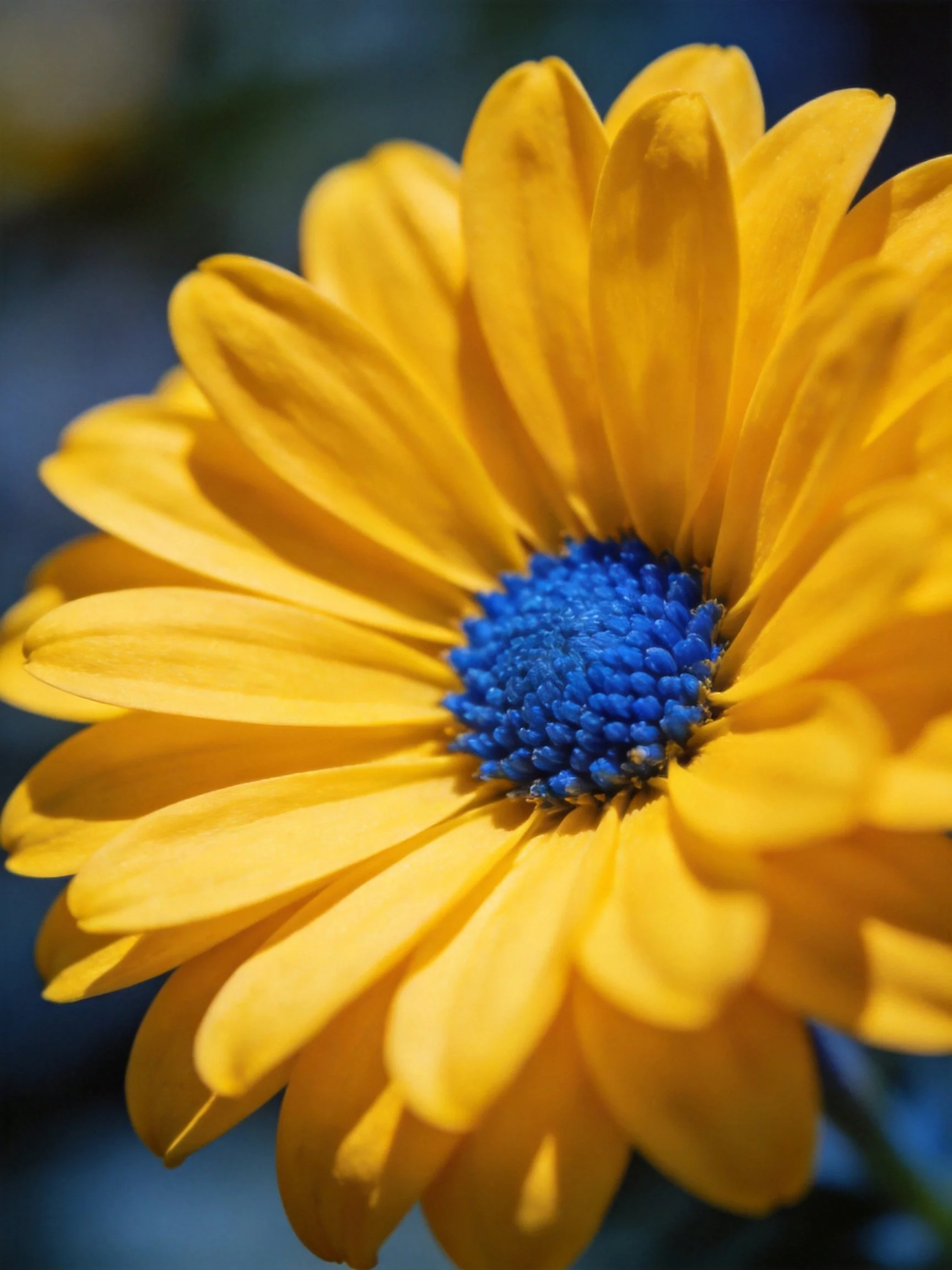 A vibrant yellow flower with a deep blue central disk
