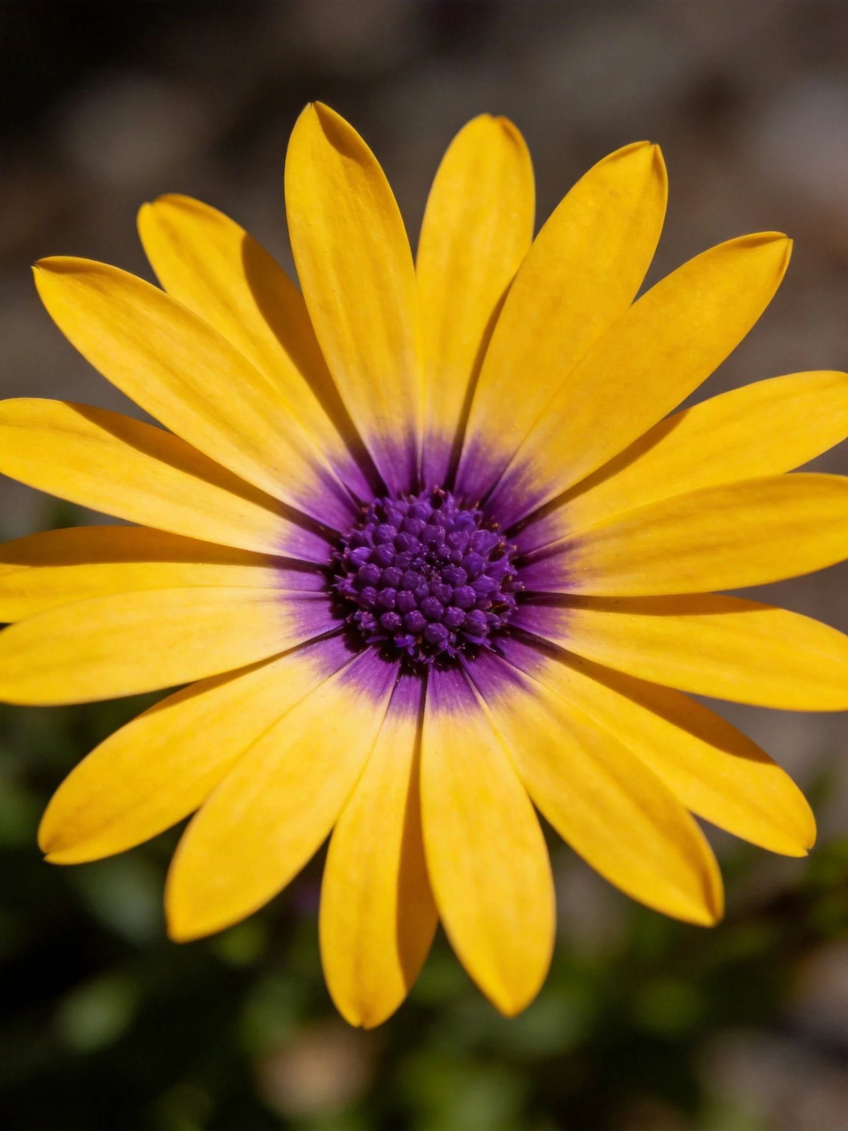 A vibrant yellow flower with a deep purple center