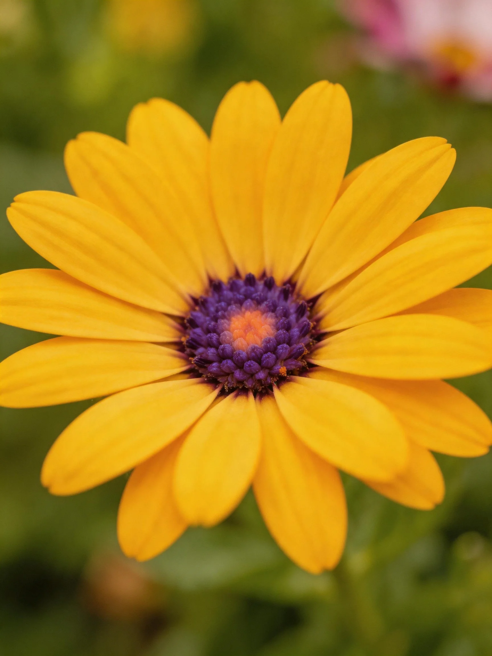 A vibrant yellow flower with a deep purple center