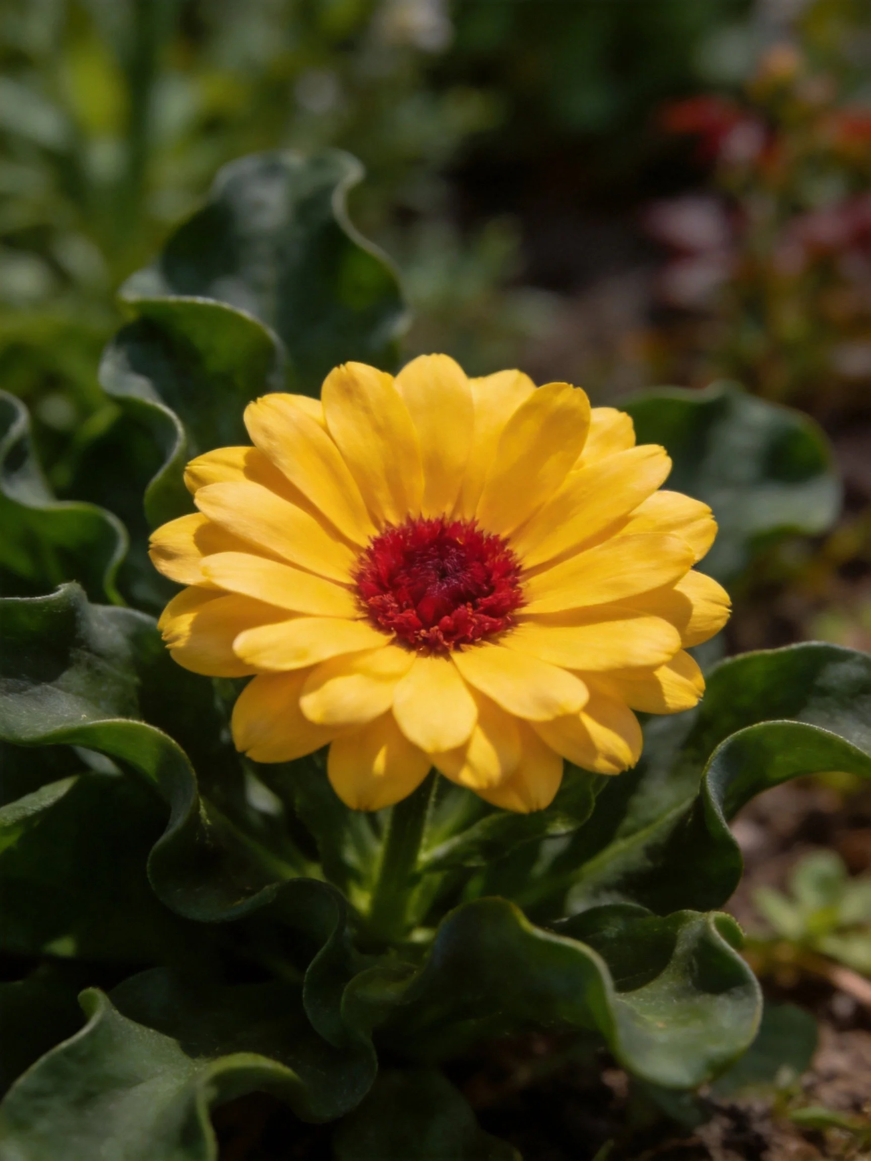 A vibrant yellow flower with a deep red center amid lush green leaves