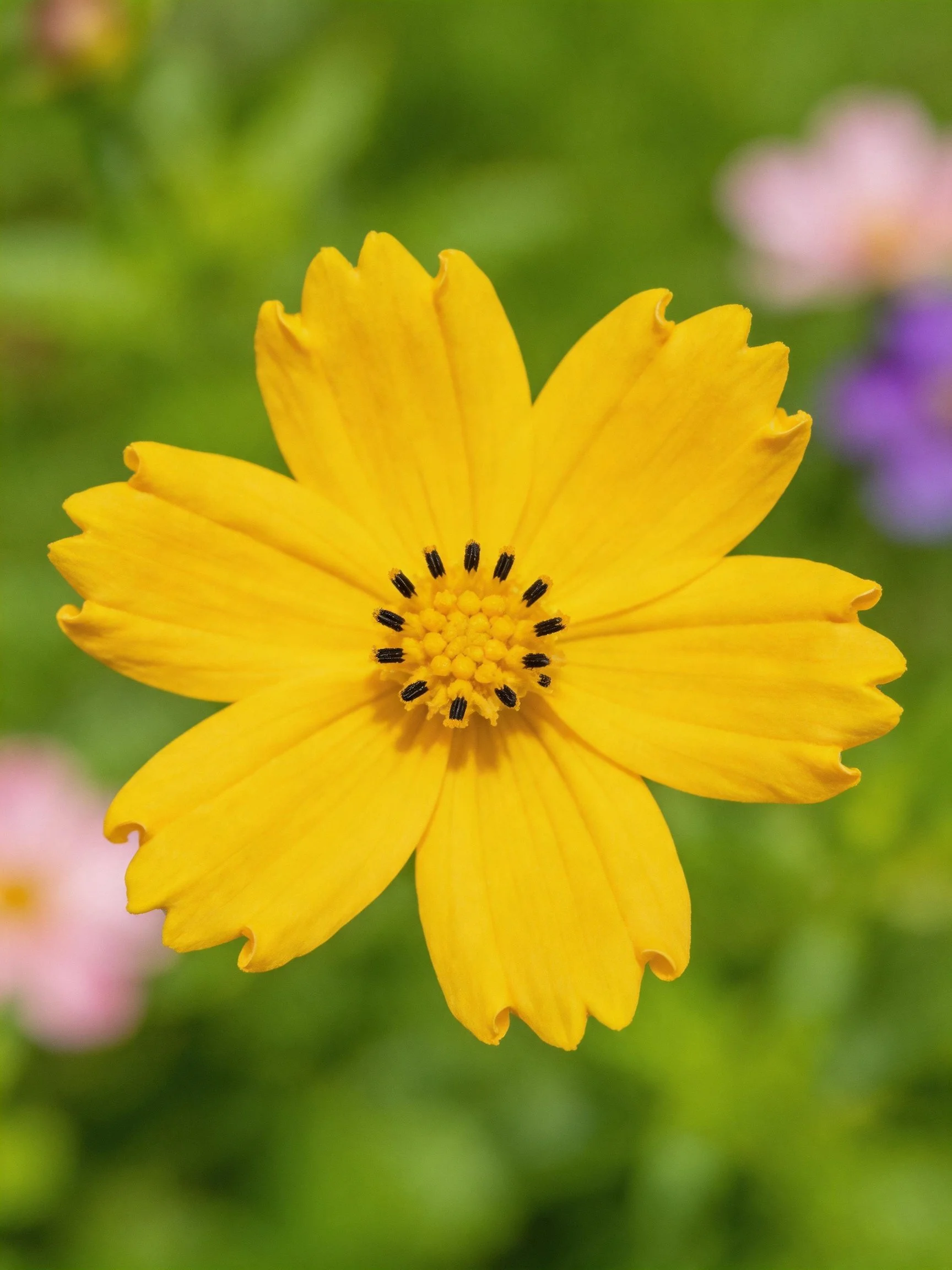 A vibrant yellow flower with a detailed central disk, set against green foliage.